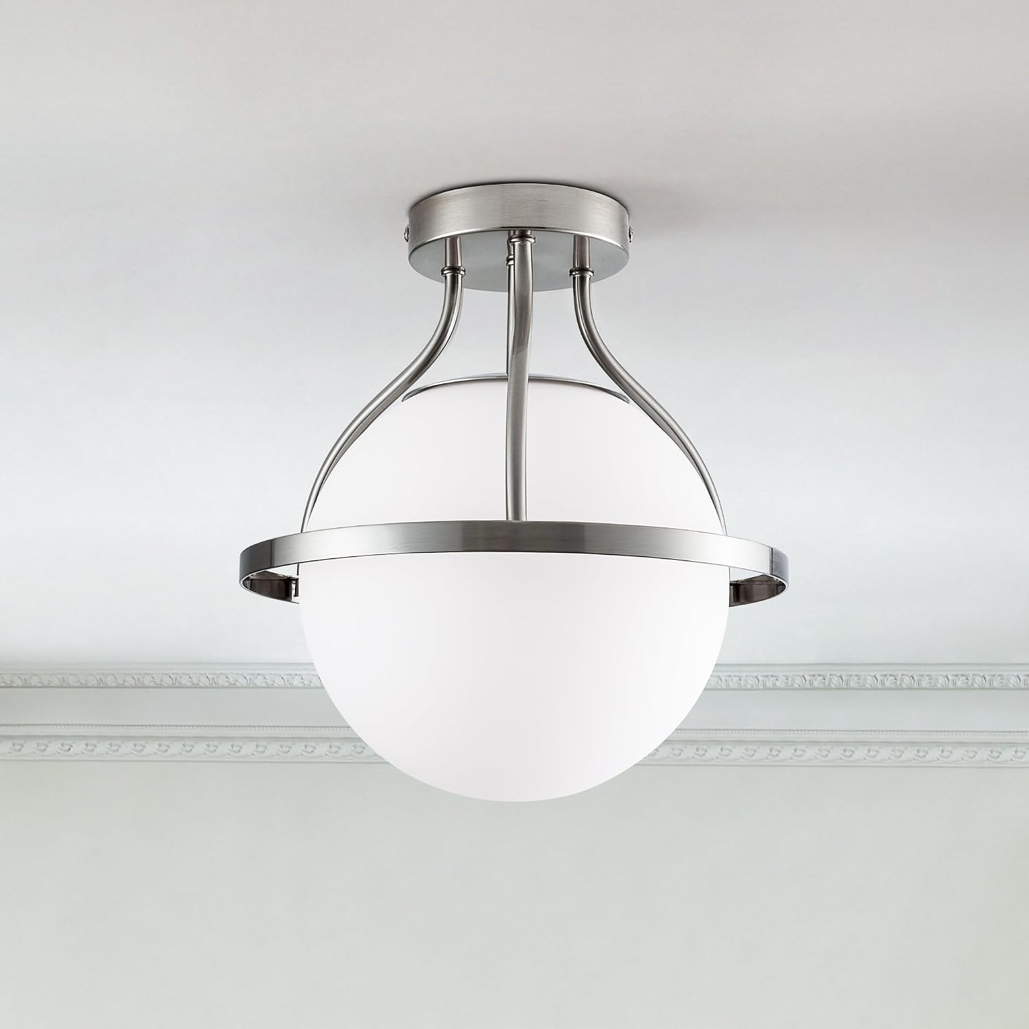 Maxax Ceiling Light, 11"x12", Mid Century Semi Flush Mount Light Fixture with Milky White Glass, Electroplating Nickel Finish