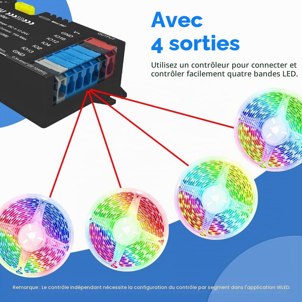 GLEDOPTO ESP32 WLED Contrôleur avec 4 sorties Ethernet Music Sound UART 20A Fusible Ingéniable pour WS2811 WS2812 SK6812 WS2815 Bande lumineuse RVB numérique adressable IC (618WL-4 sorties)