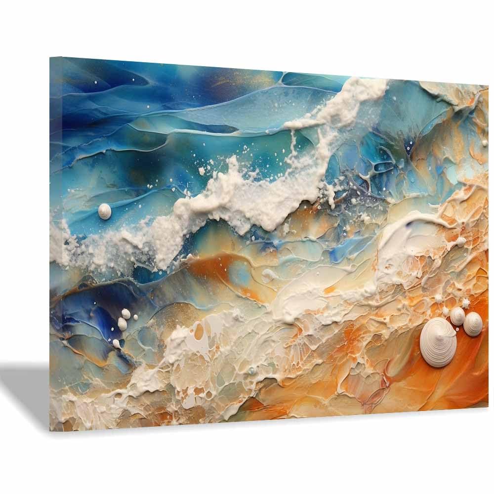 TERUEA Lienzos Decoracion Pared Salon Abstracto Textura Ola Océano Concha Playa, arte pared para baño, sala estar, dormitorio, moderno, yoga,decoración de（Azul-40x60cm Enmarcado