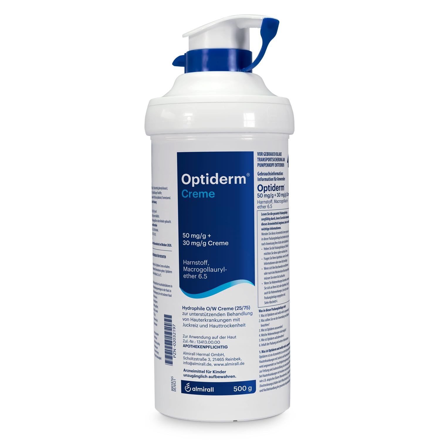 Optiderm Creme im Spender, bei Juckreiz & trockener Haut, 500 g | zur Feuchtigkeitsregulierung der Haut, unterstützend bei Hauterkrankungen, schnell einziehend, kortisonfrei