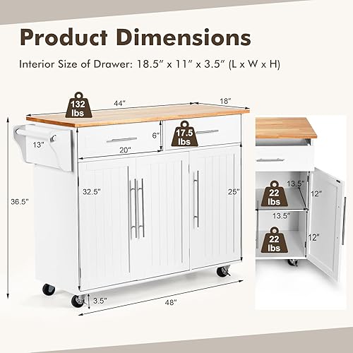 Miniatura 7 de COSTWAY Carrito móvil de isla de cocina carrito de almacenamiento con barra de toallas 2 cajones profundos armarios de 3 puertas ruedas giratorias