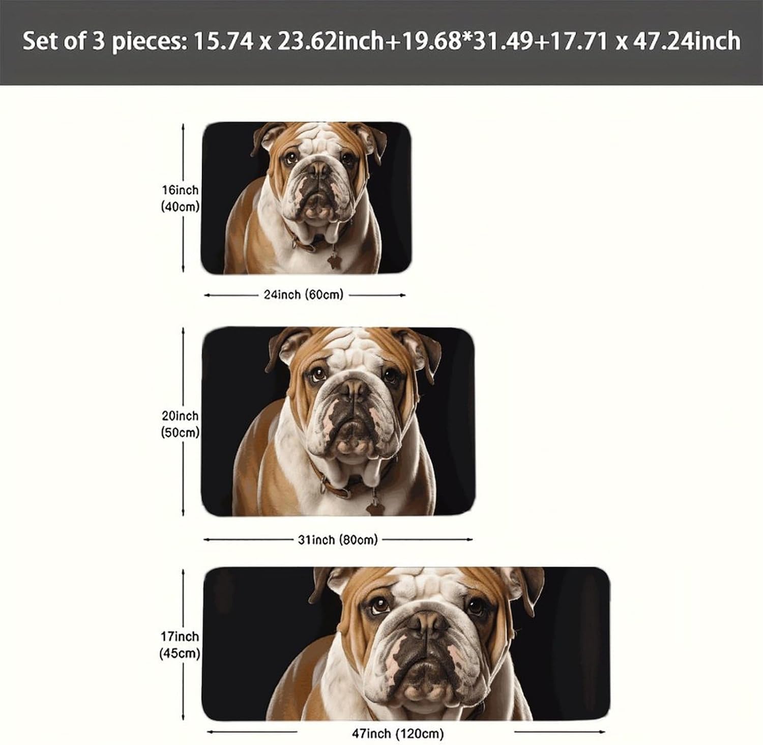 English-Bulldog Kitchen Mats for Floor 3 Pcs Kitchen Rugs