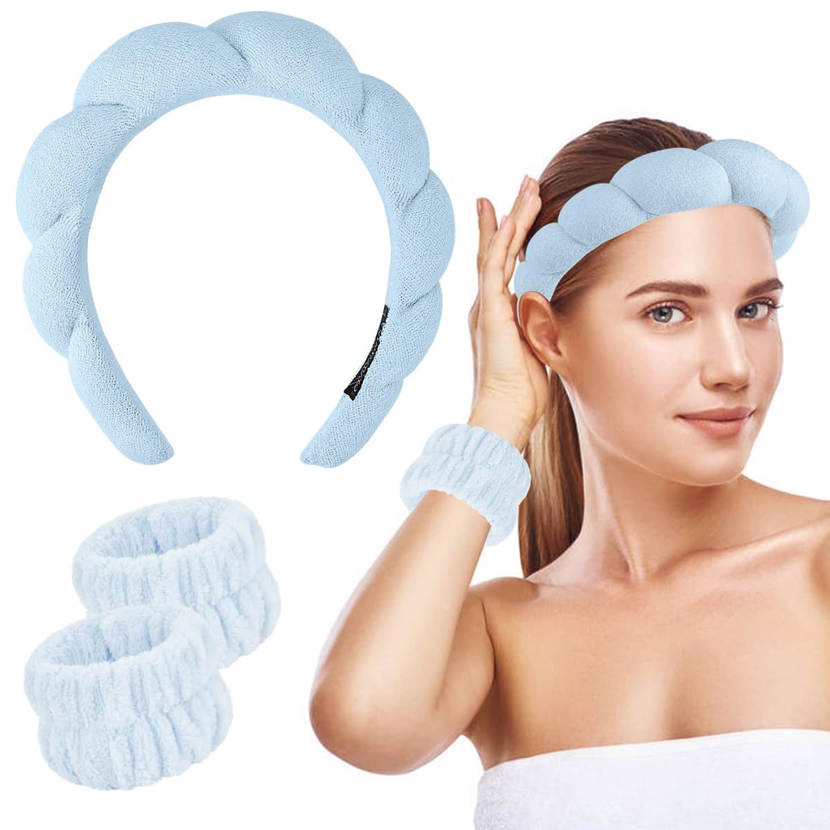 MaycreateSpa Headband Wristband Combo for Women Girls Face Washing, Sunflower Sponge Facial Skincare Headband Makeup Hairband Coral Fleece Wrist Washband Set - Blue
