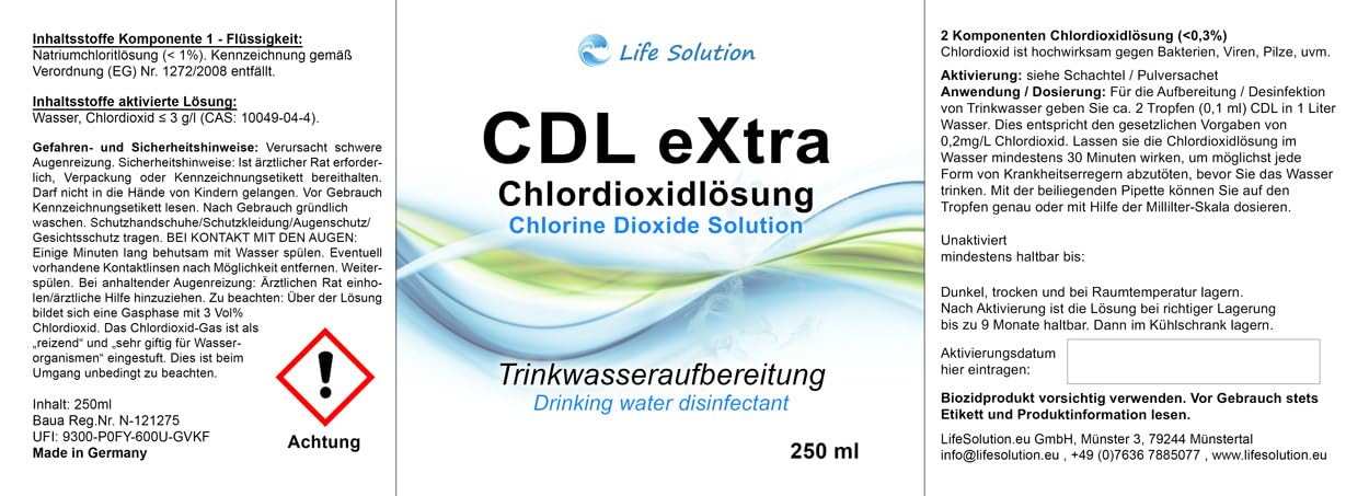 CDL eXtra - Chlordioxid Lösung 0,3% - CDs - extra Lange Haltbarkeit (3-4 Jahre) - Trinkwasserdesinfektion - Wasseraufbereitung - 250 ml
