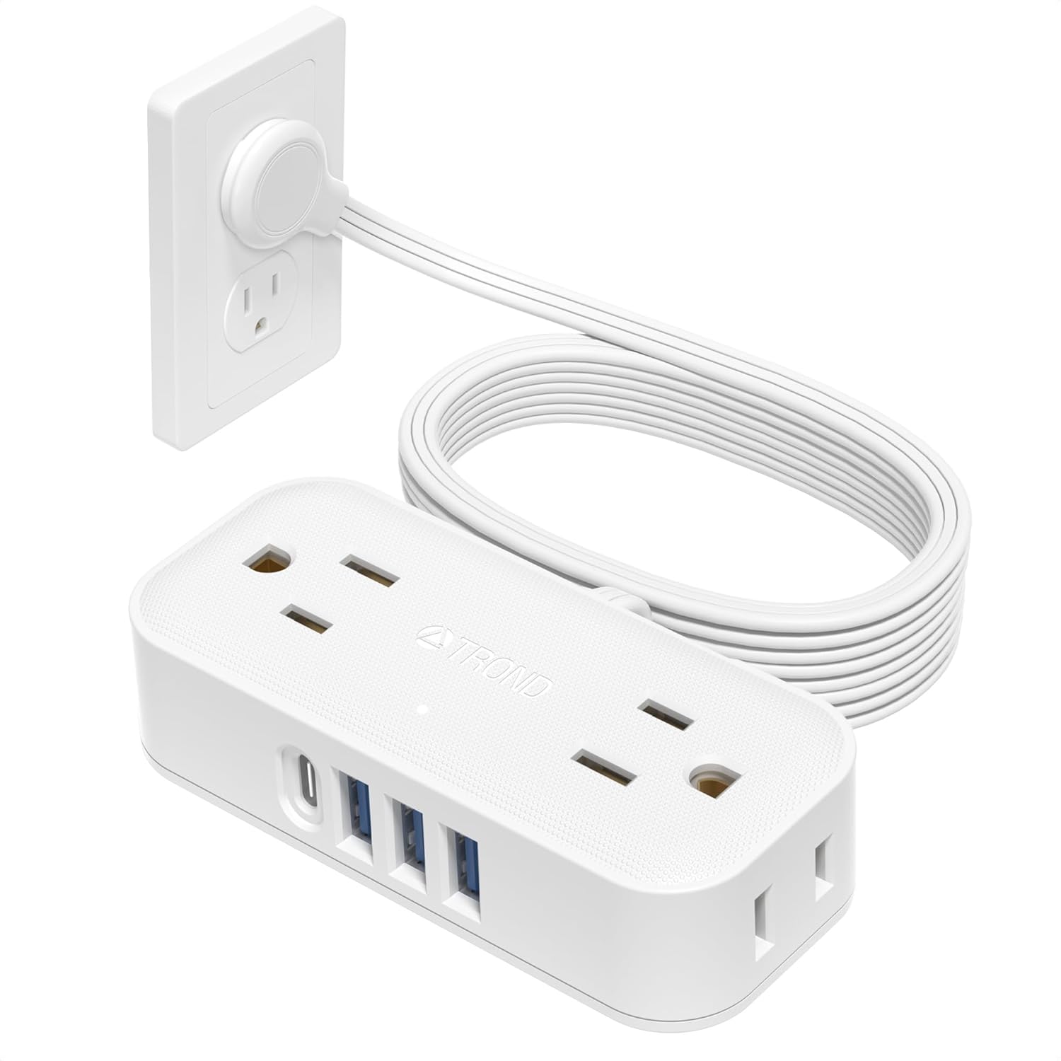 TROND UltraThin Flat Plug Power Bar USB C, 15ft Flat Extension Cord Indoor with 4 USB Ports, 4