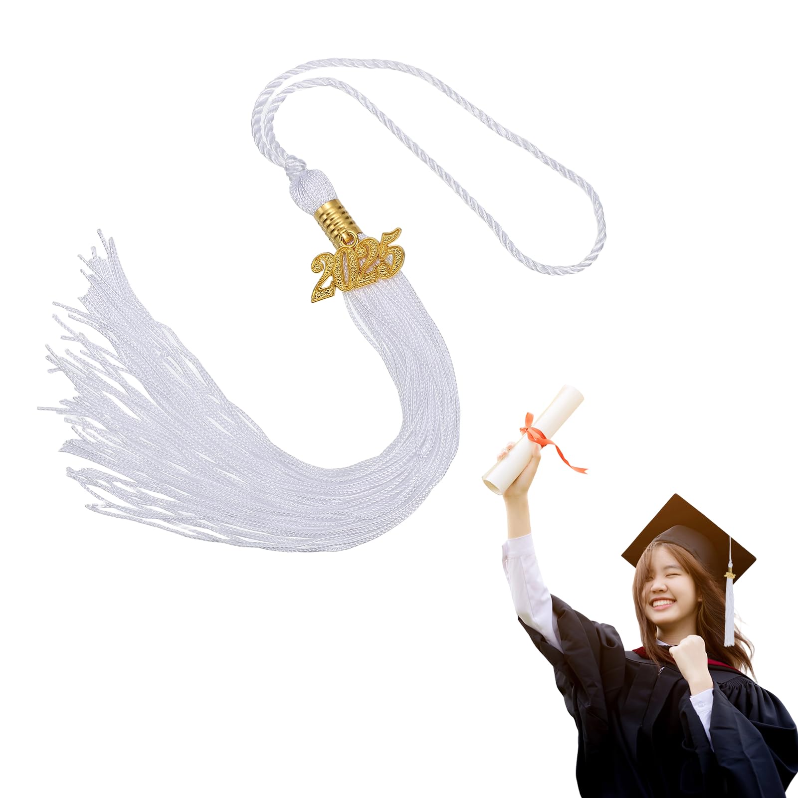 MECCANIXITY Graduation Tassel 2025, White Tassels with 2025 Year Gold Date Charms Academic Graduation Charm Cap Decorations Party Decorations