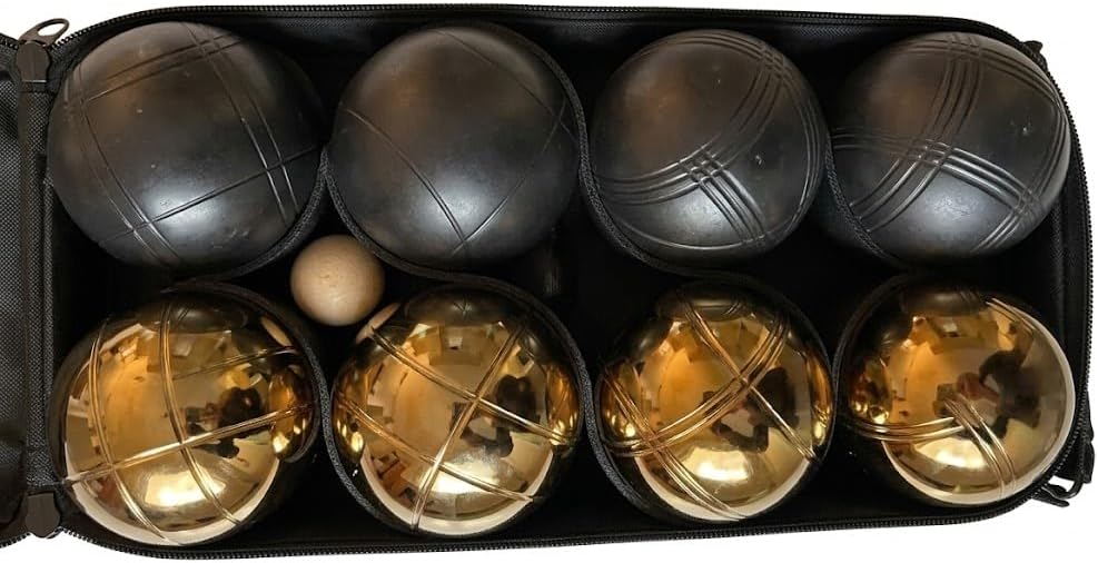 BuyBocceBalls Listing -73mm Metal Bocce/Petanque Set with 8 Black and Gold Balls and Black Bag