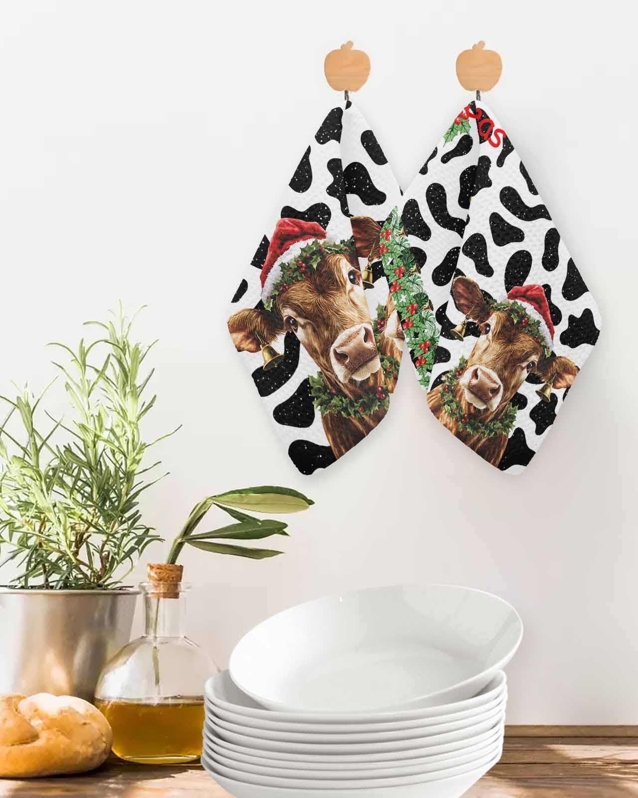 Hokiten Black White Cow Christmas Waffle Kitchen Towels Dishcloths, Xmas Botanical Snowflake Absorbent Dish Towels | Hand Towels for Bathroom/Bar, 12 x 12 Inch, 2 Pcs
