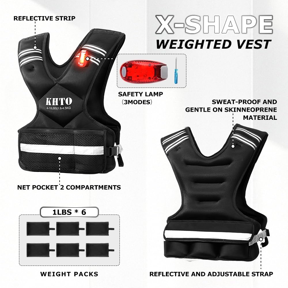 KHTO Adjustable Weighted Vest for Men and Women – X Shaped Weight Vest with Warning Light, Reflective Strip – Weighted Walking Vest Strength Training Weight Vests for Home, Gym (11-20lb)