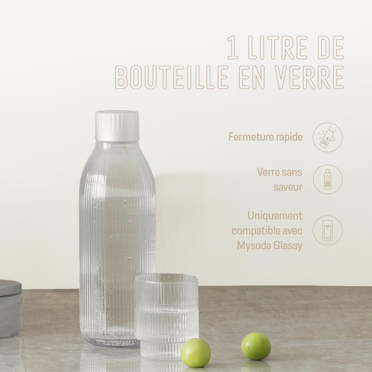 Mysoda Glassy - Machine à eau pétillante avec 1 bouteille en verre en un cylindre de CO2 – Clay