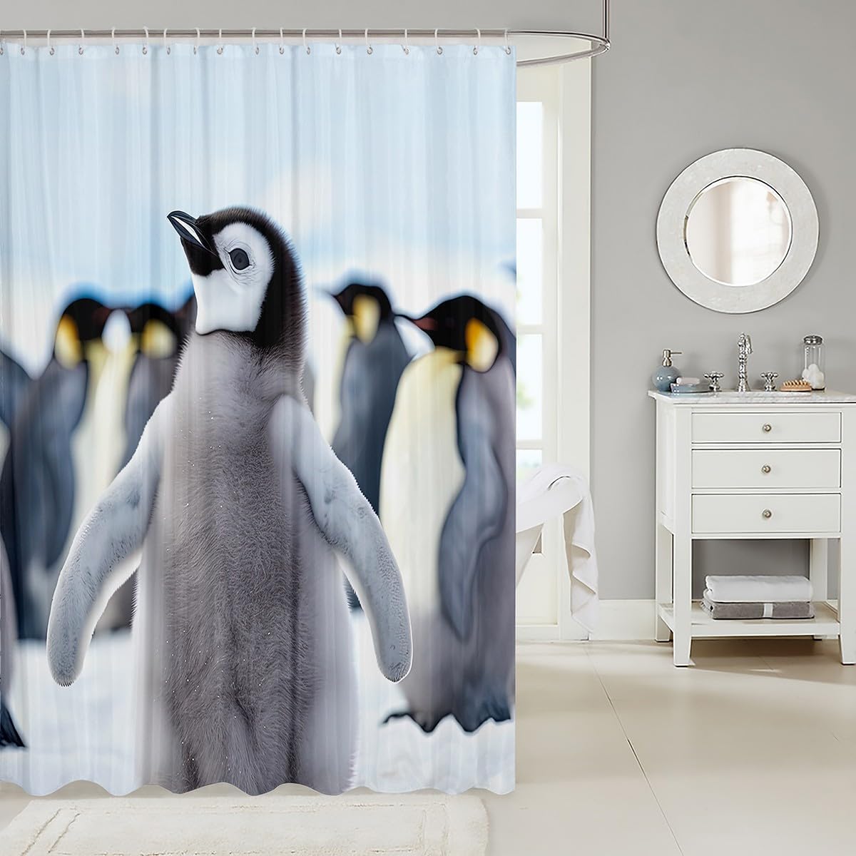 3D Penguin Bath Curtain Cute Animal Penguin Shower Curtain for Kids Boys Girls Snow Penguin Pattern Waterproof Shower Curtain Kawaii Wild Animal Print Bathtub Shower Curtain with Hooks ,72" W x 84" L