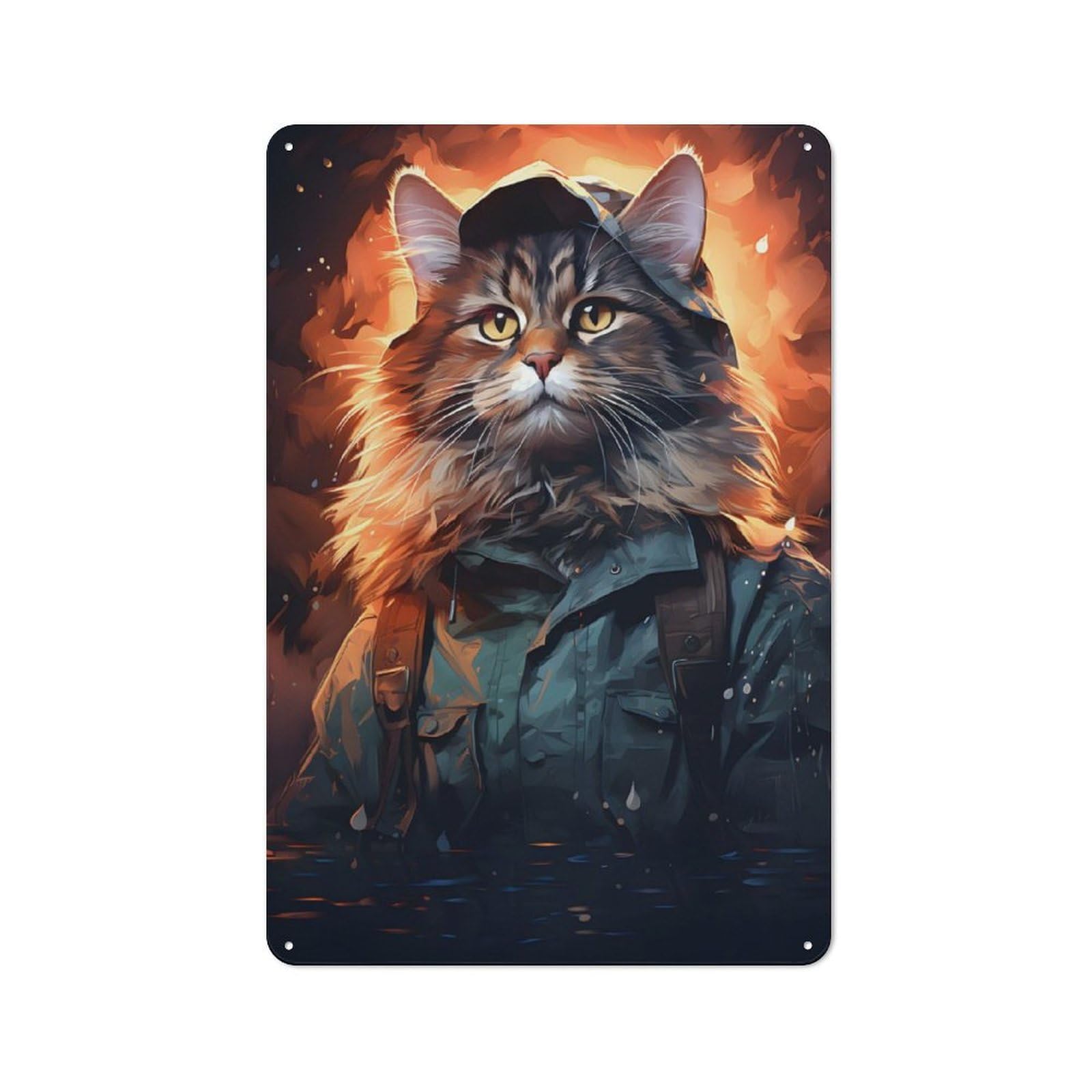 Metal Sign 30x20cm with Cat Fisherman Portrait for Pub Or Café, Vintage Decor, New Home Wall Decor for Pub Decor Enthusiasts