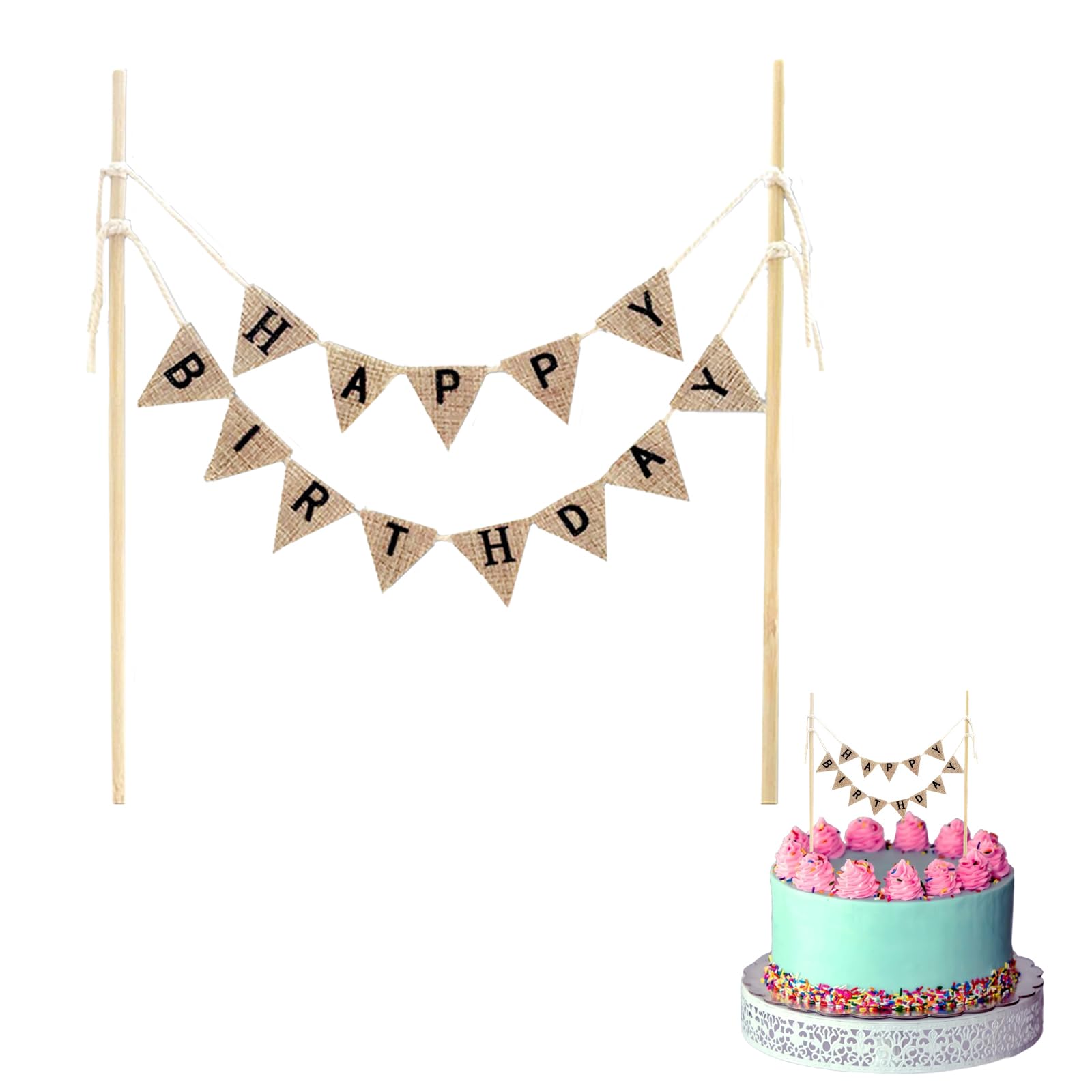 Happy Birthday Cake Topper,30cm wooden Cake Decoration Birthday Bunting Cake Topper for Cakes at Birthday Parties as a Reusable Decoration