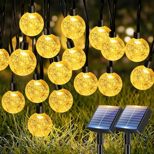 btfarm 2 Pack Solar String Lights Outdoor Waterproof Total 98 FT 100 LED Solar Powered Patio Light 8 Lighting Modes Crystal Globe Decorative for Garden Balcony Yard Porch Party Warm White