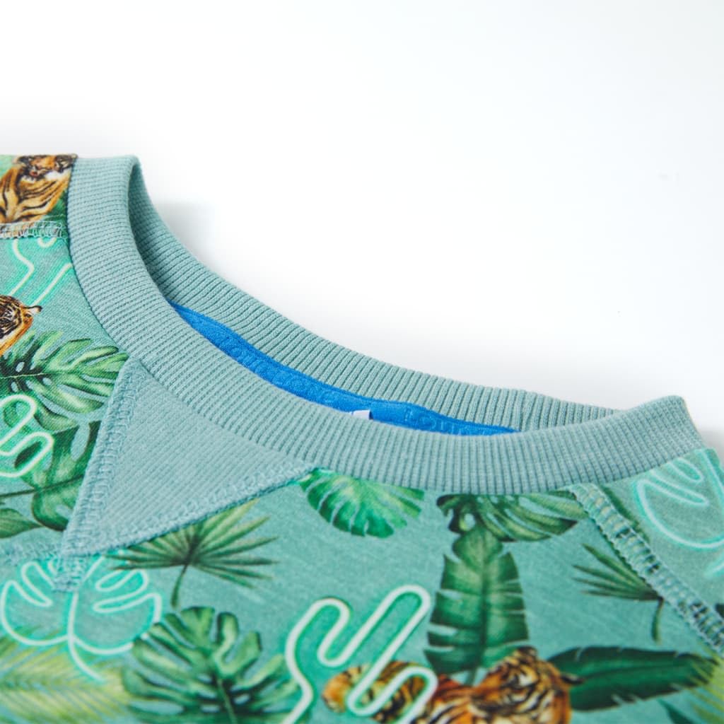 Sudadera infantil verde jaspeada con estampado de flores y tigre, 95% algodón, talla para 1,5-2 años, camiseta de manga larga, suéter cómodo para niños, transpirable y duradero
