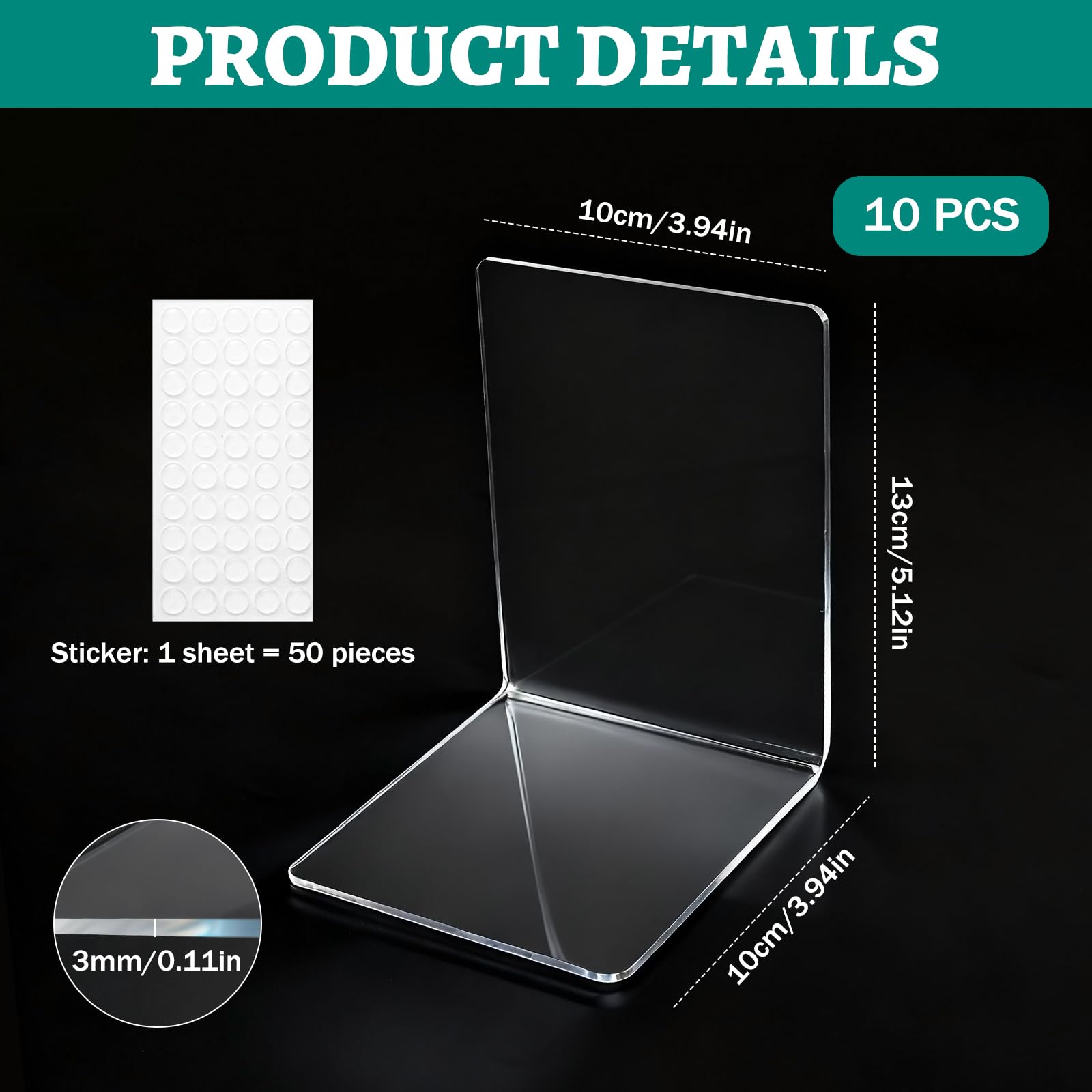 10 Stück Transparenten Buchstützen Acryl Set mit 50 Anti-Rutsch-Pad, 3mm Verdickt Buchstütze Buchstütze, Bücherständer für Schule, Büro, Zuhause, Bibliothek