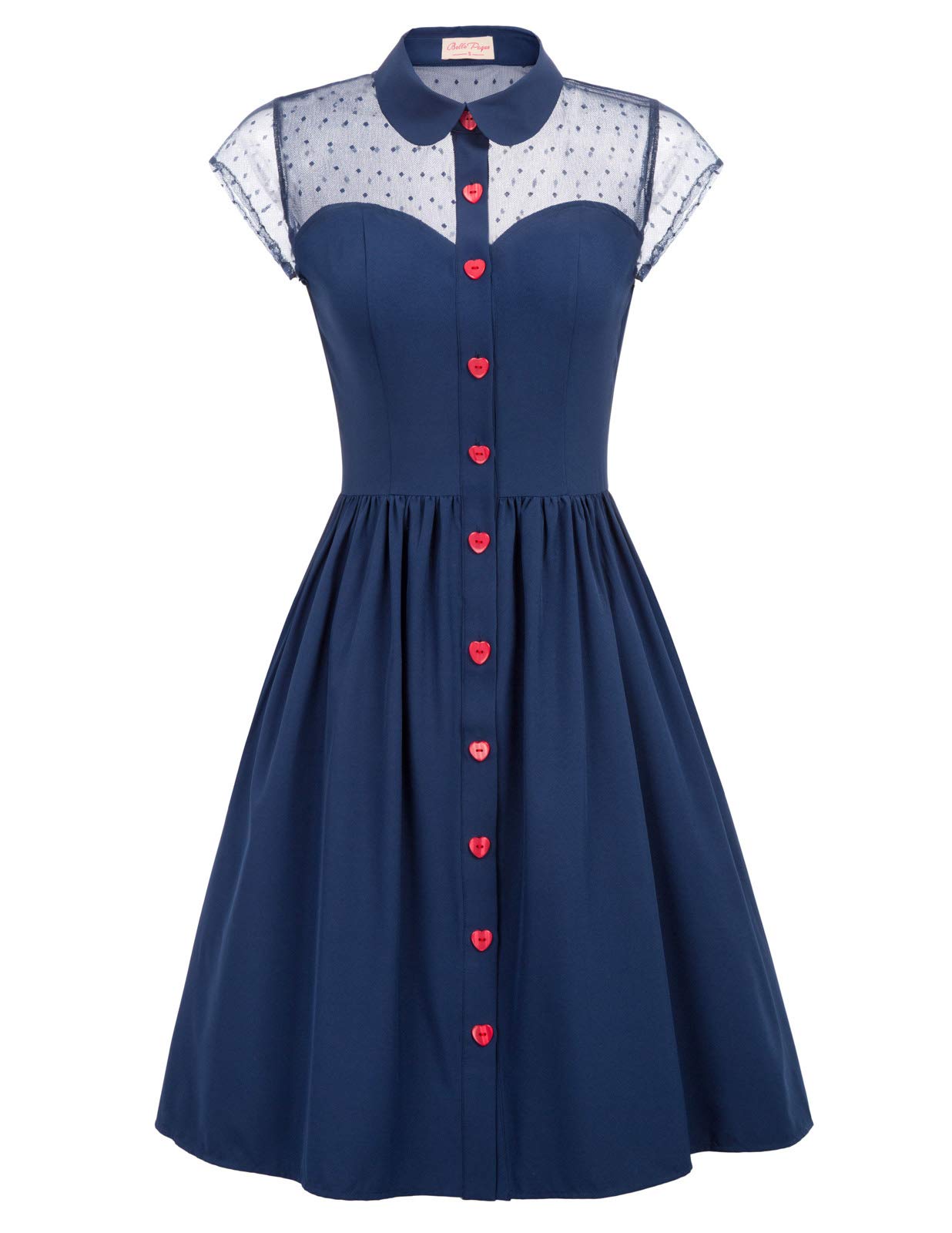 Women's 1950s Cap Sleeve Lapel Collar Button Placket Swing Dress Party Dress 927