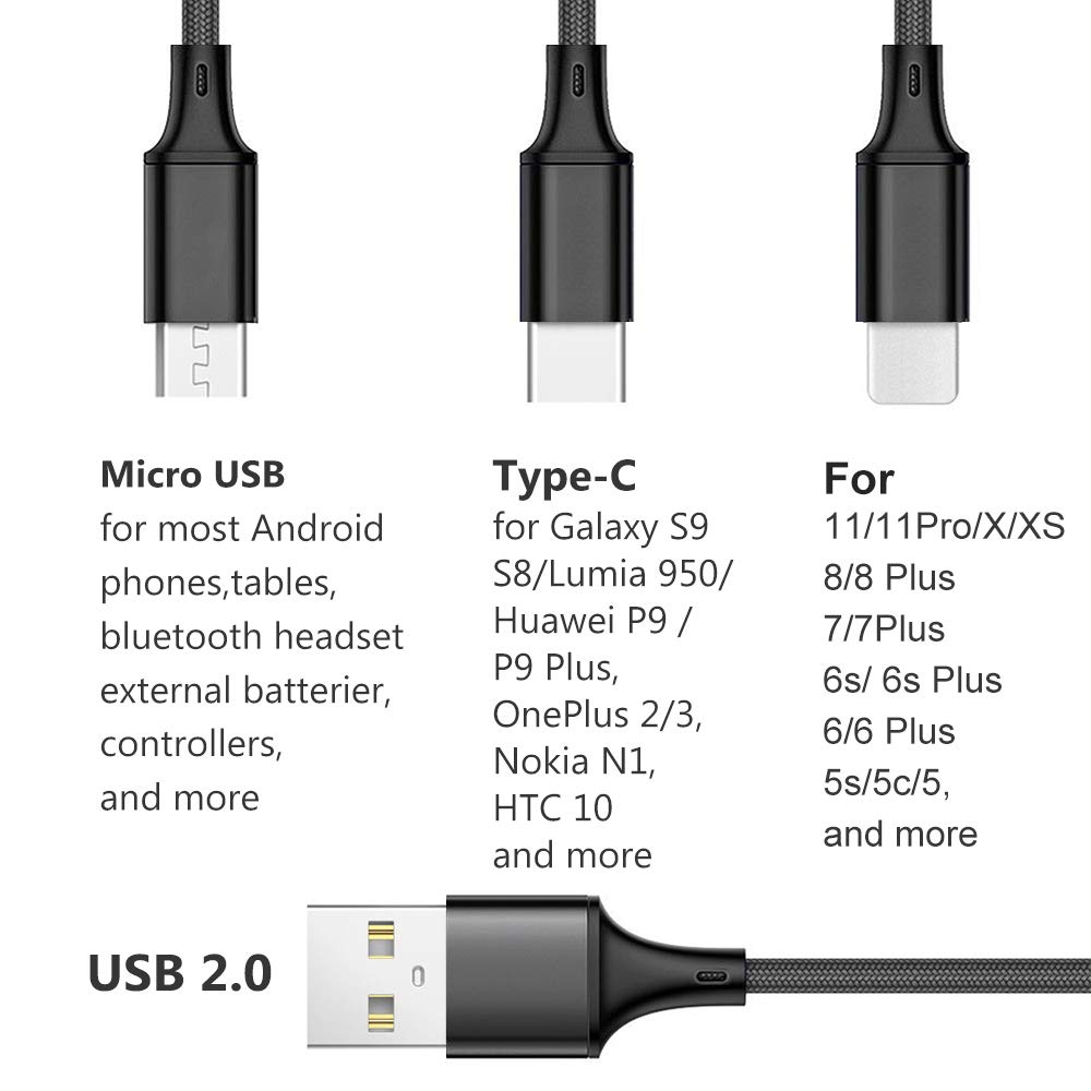 Puxnoin Multi-Ladekabel, 4 Stück, Multi-Ladekabel, kurz, 300 cm, geflochten | Universelles 3-in-1-USB-Ladekabel mit Typ-C, Micro-USB-Anschlüssen für Handy, Tablets