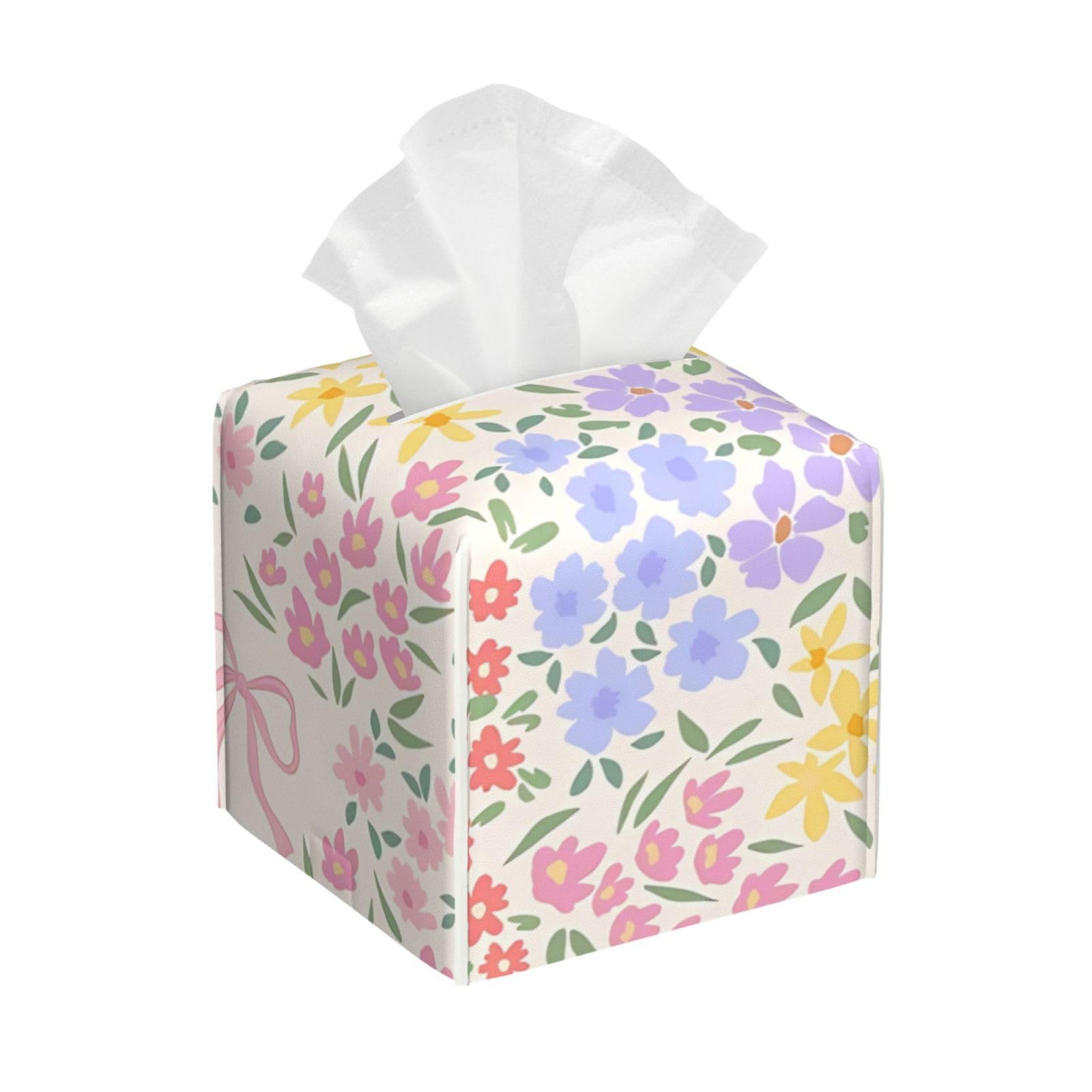 Pastel Floral Seamless Pattern with Bows Tissue Box Cover 5" Square Leather Tissue Holder Facial Tissue Case for Tabletop Bedroom Bathroom Desk Decor