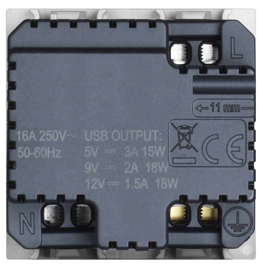 BTICINO Living Now, Prise Schuko Italienne P40 Chargeur USB Type C, Quick Charge, Prise électrique Avec Alvéoles Protégées, Compatible Avec Prises Italiennes/Schuko, 2 Modules, KM4140A16USB