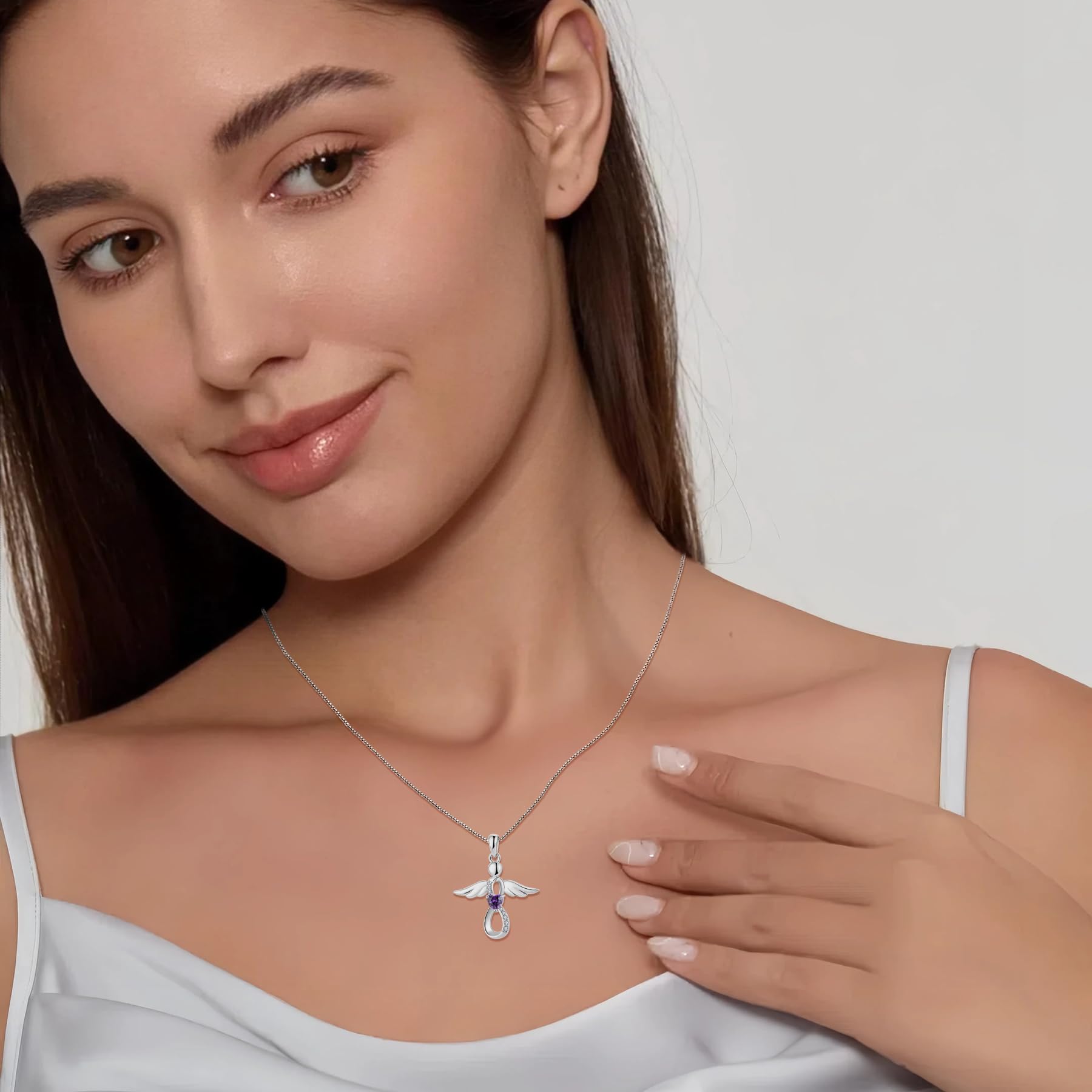 FJ Schutzengel Halskette Anhänger 925 Sterling Silber Infinity Unendlichkeit Kette mit Zirkonia Geburtsstein Engel Schmuck Geschenke für Frauen Mädchen
