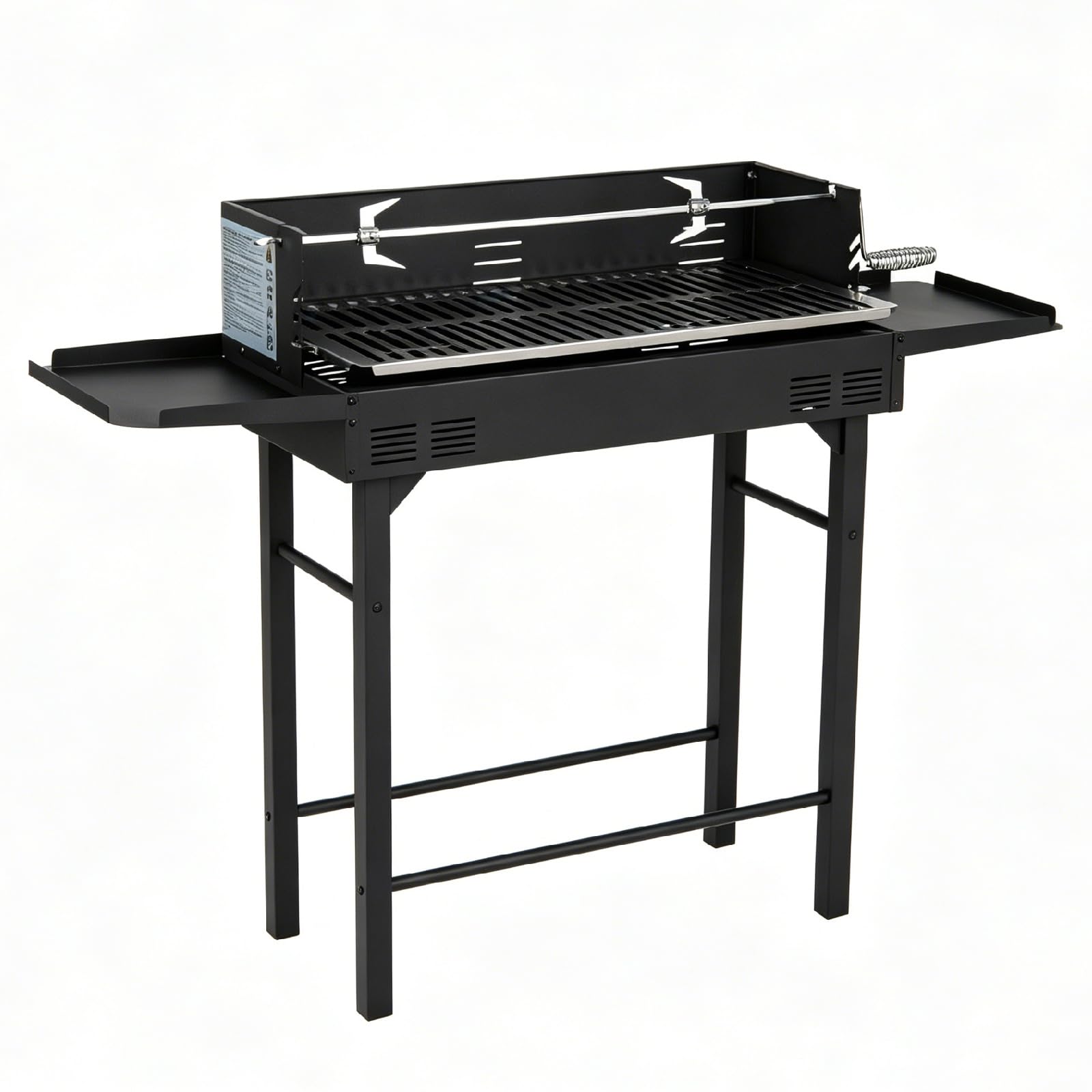 COSTWAY Barbecue a Carbonella da Esterno in Metallo Portatile | Barbecue a Carbone con Griglia Regolabile, 2 Vassoi Laterali, Spiedo Girevole, Pinze e Paravento, per Giardino e Terrazzo