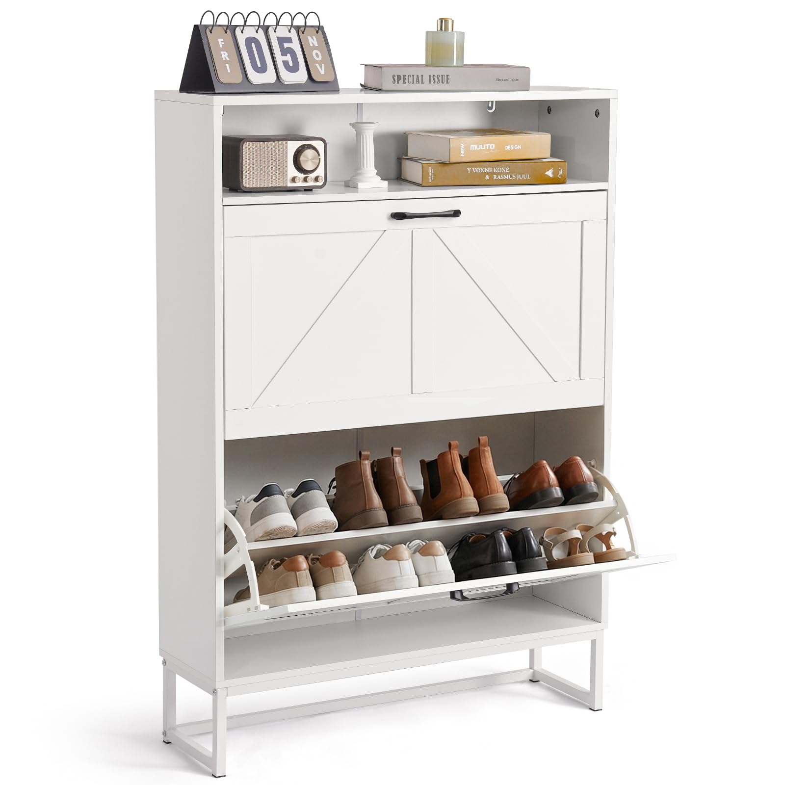 MAXLEAD Narrow Shoe Cabinet with Flip Drawers, 80x24x115cm Shoe Storage Organizer with Adjustable Shelves, Tall Shoe Rack for Hallway & Entryway - White — image 1