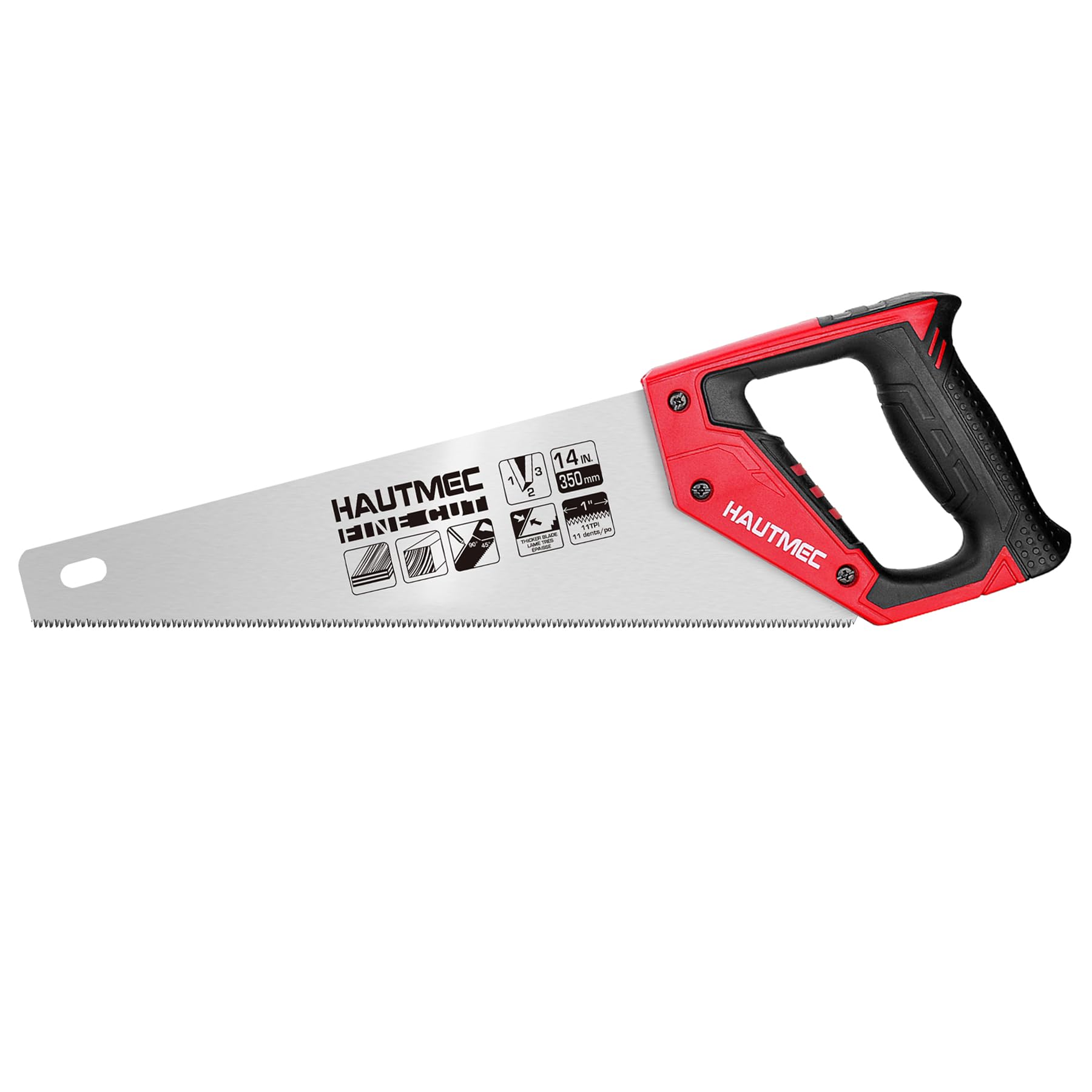 HAUTMEC 350MM Universal Hand Saw, 11 TPI Fine Cut Wood Saw with Hardened Triple-Ground Teeth & Bi-Material Ergonomic Handle, Compact Handsaw for Wood, Plastic, PVC, Laminate & Branch Cutting – HT0024