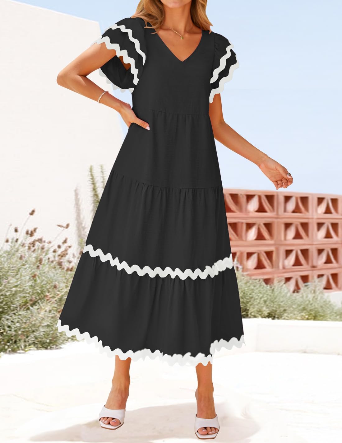 ZESICA Womens 2026 Summer Casual Midi Dresses V Neck Flutter Short Sleeve Ruffle Tiered A Line Flowy Beach Long Dress - Image 2