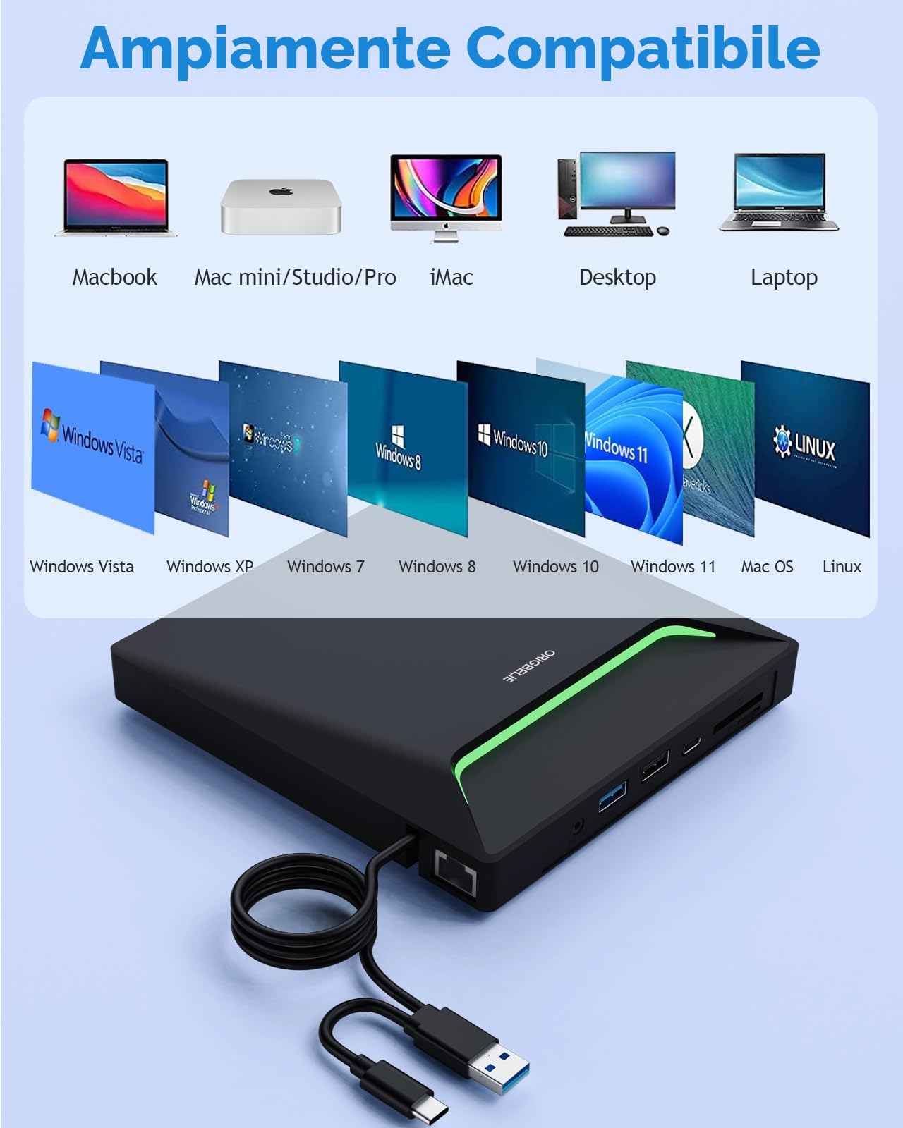 Nuovo Masterizzatore DVD Esterno, USB 3.0 Lettore DVD Esterno con Adattatore Ethernet, 3 Porte USB e 2 Porte TF/SD Card, Lettore CD Esterno per PC Portatile MacBook Windows Linux Mac OS con Custodia