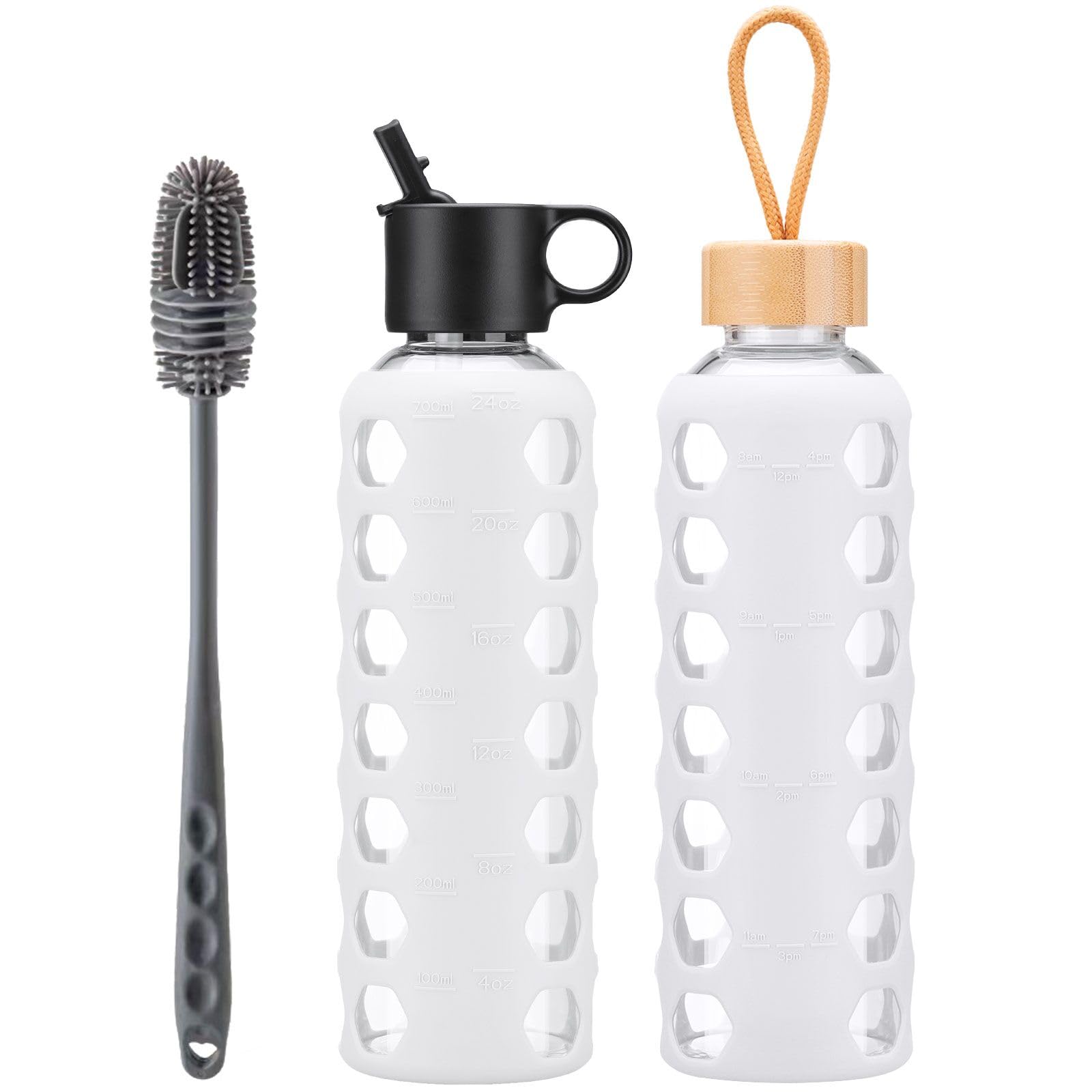 BLUEGO Borracce in vetro, 700ml Bicchiere in vetro, Bottiglie per bere con 2 coperchi, Bottiglia per l'acqua sportiva con custodia in silicone, A prova di perdite, Bianco