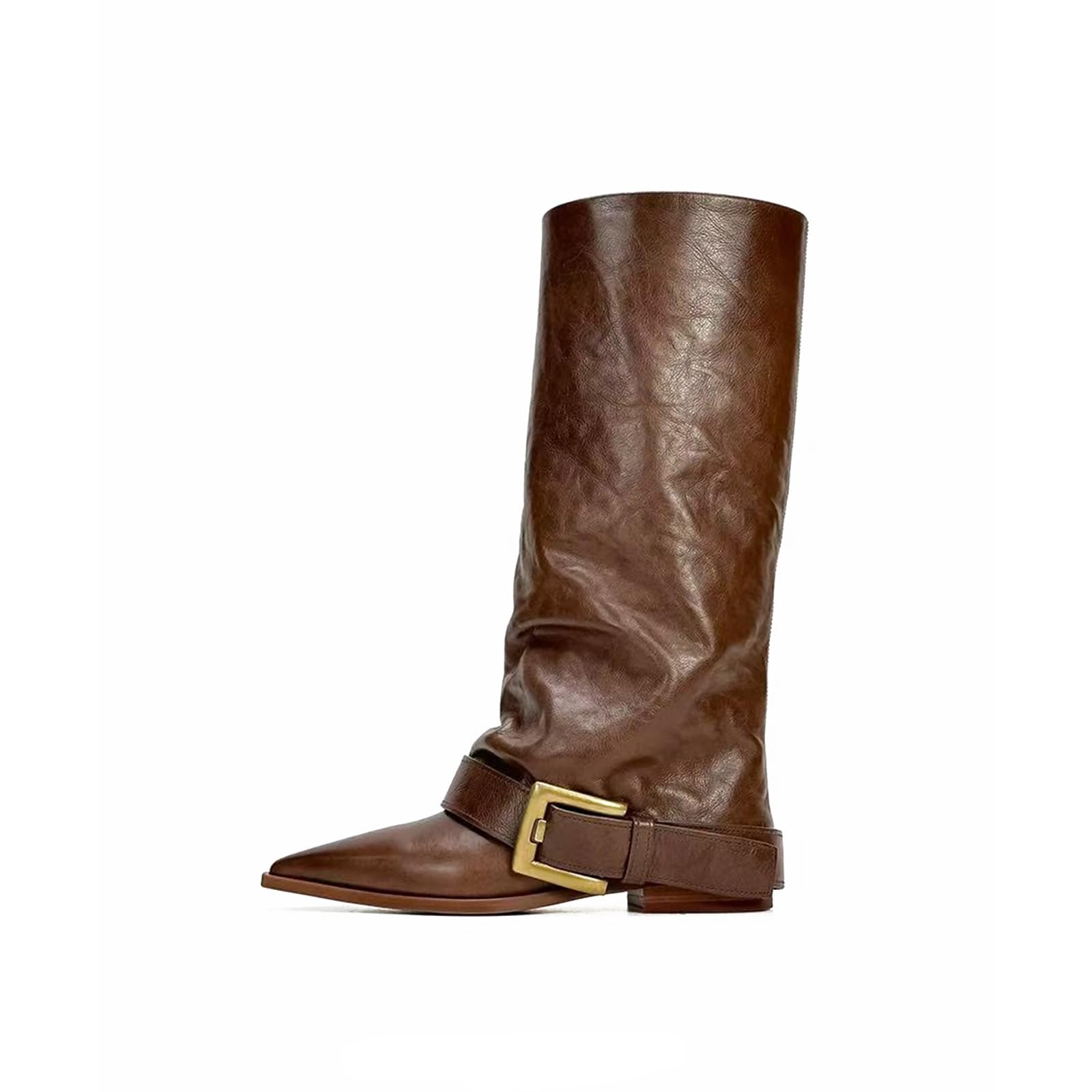 Slouchy Fold Over Mid Calf Boots for Women Vintage Chunky Block Heel Pointed Toe Long Boots Retro Belt