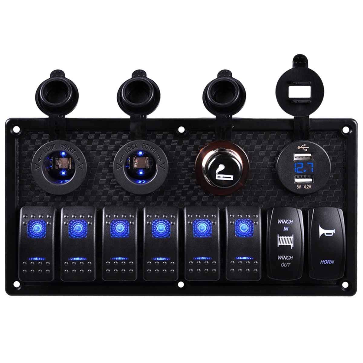 Marine Rocker Switch, AutoEC 8 Gang Circuit LED Car Waterproof Boat Rocker Switch Panel with Fuse, 4.2A Dual USB Slot+Power Socket Breaker Voltmeter+Momentary Rocker Switch+Horn Switch for RV Car Boat