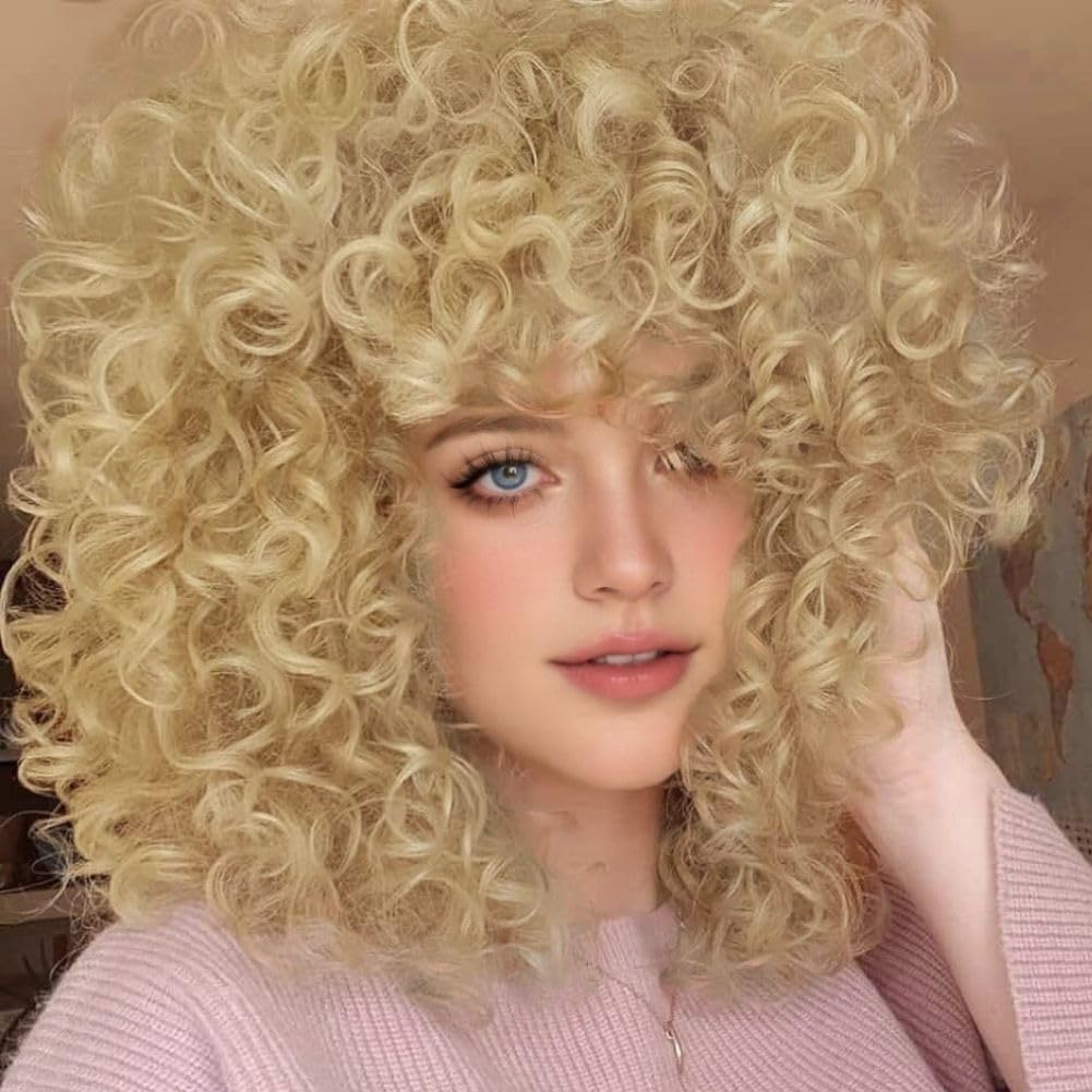 Salaibs Blonde Afro Wigs for Black Women with Bangs Short Curly Kinky Wigs Fluffy Natural Synthetic Hair Wig for Cosplay Costume Halloween Use