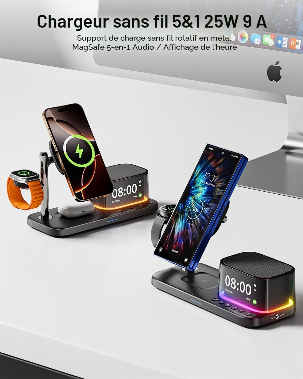 45 W pour Apple MagSafe Charger Stand 5 en 1, Qi2.2 25W Magnetic Wireless Charger Fast Charging Station, Alarm Clock Speaker Night Light, Charging Dock for iPhone 17 16, 5W Apple Watch 11 Ultra
