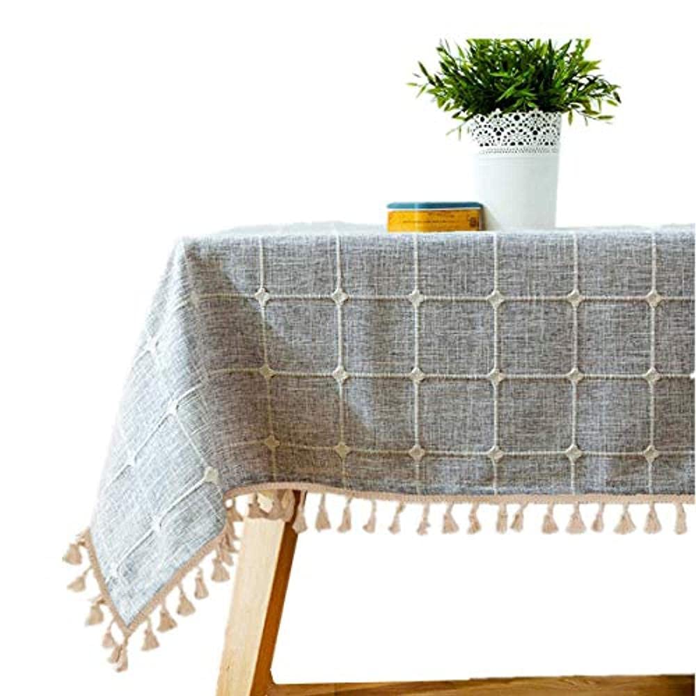 Nappe brodée en coton-lin gris 140x360 cm avec élégants glands pour grande table de jardin