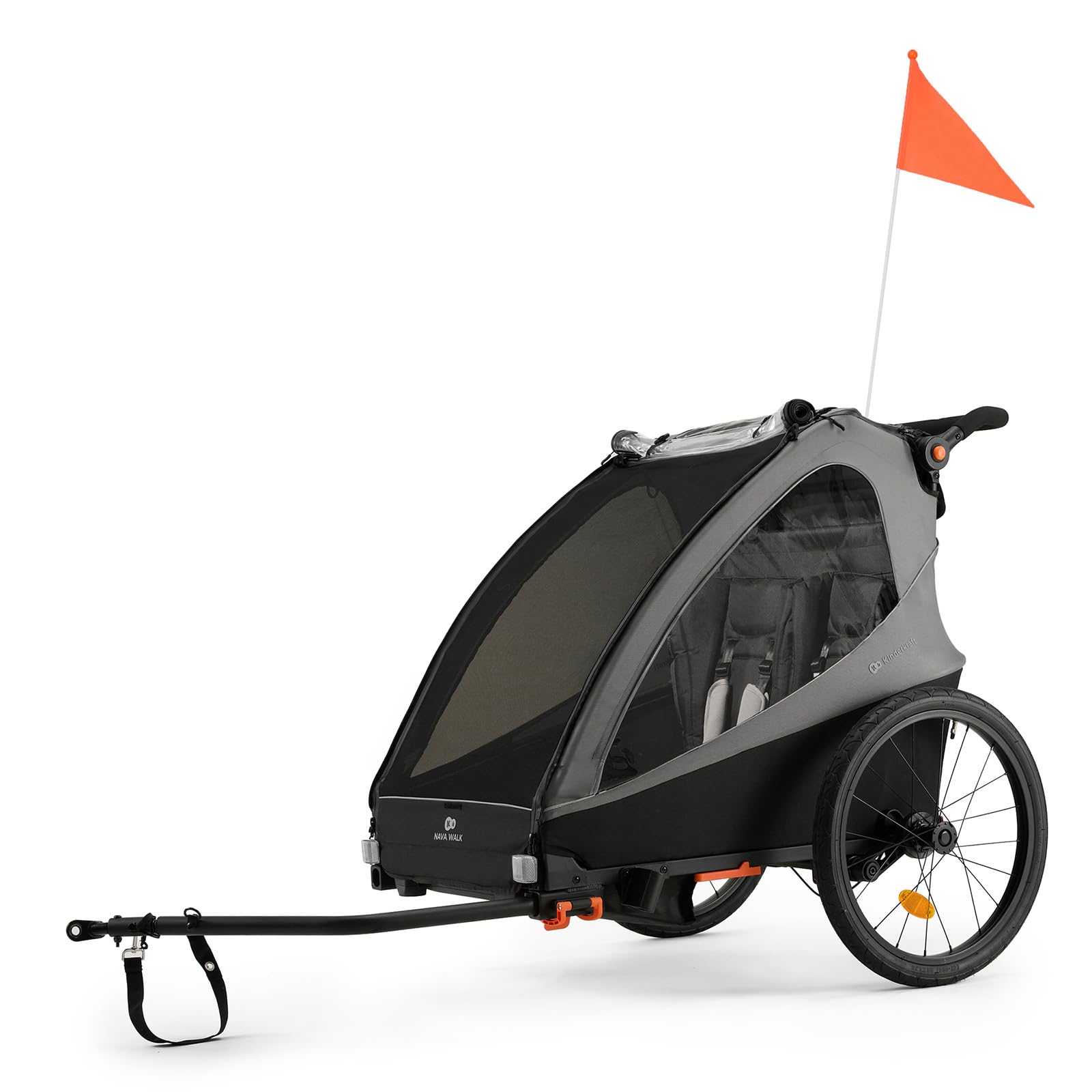 Kinderkraft NAVA Walk 2-in-1 Fahrradanhänger und Buggy für 2 Kinder, aufpumpbare Räder, verstellbare Federung, 9-Fach Verstellbarer Schiebegriff, UV-Schutz, Moskitonetz, wasserdicht, Grau