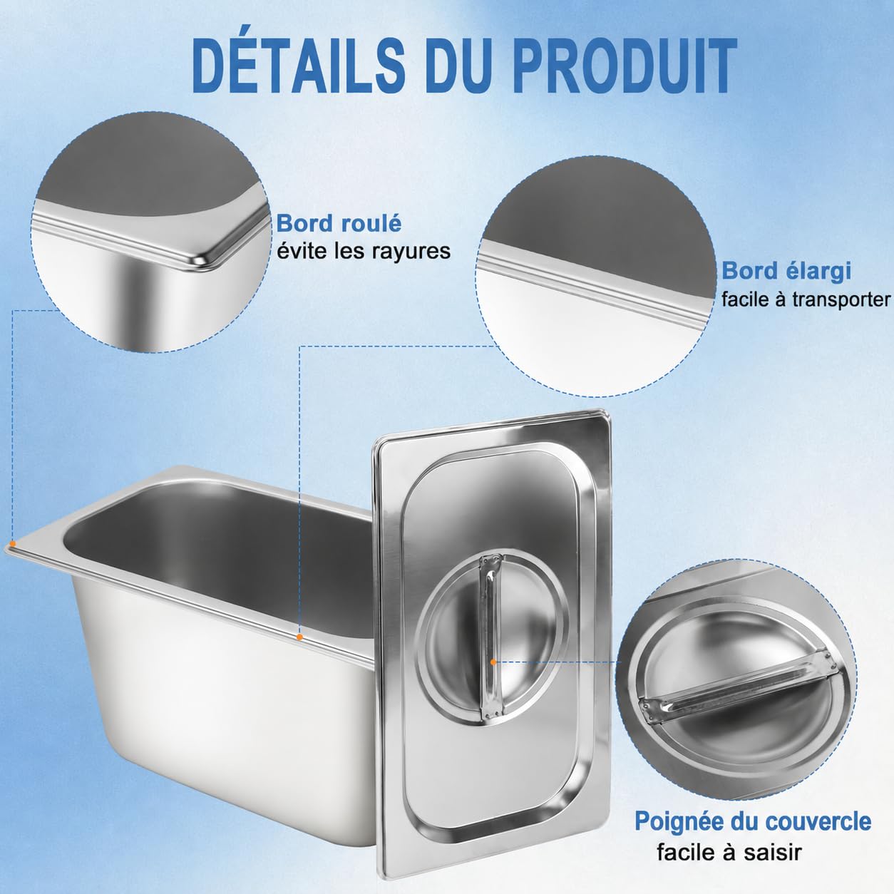 Lot de 6 Bacs Gastronormes GN 1/4 avec Couvercles – Bacs GN Professionnels en Acier Inoxydable Profondeur 150 mm – Plat Inox Empilables pour Buffet, Chafing Dish, Restaurant et Traiteur