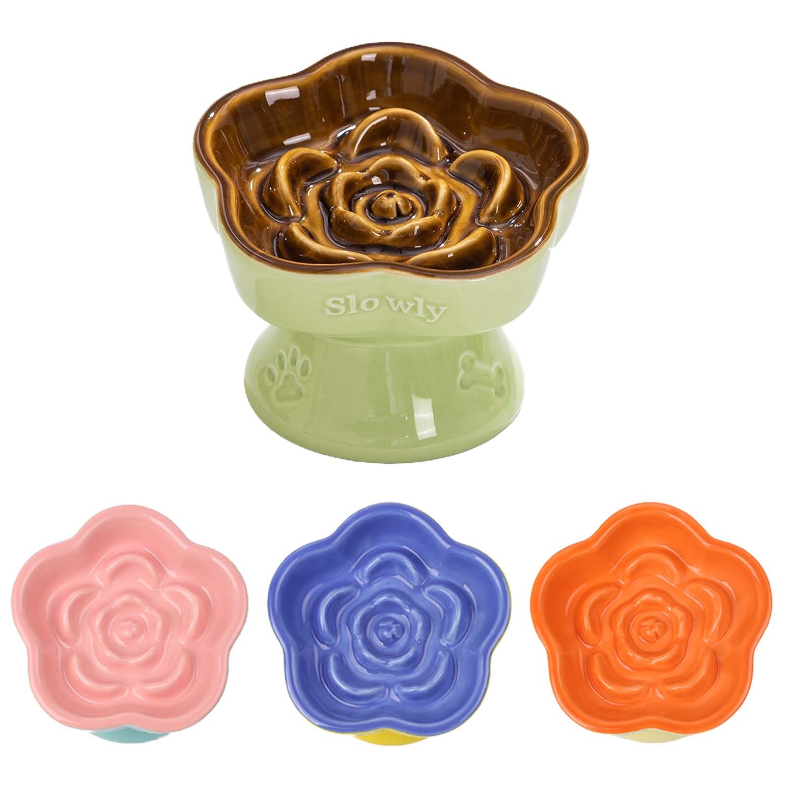 Whimsicalfox Raised Cat Slow Feeder Bow, Ceramic Raised Pet Dishes, No Black Chin, Flower Shaped, for Dry and Wet Food, Non-Slip, Dishwasher Microwave