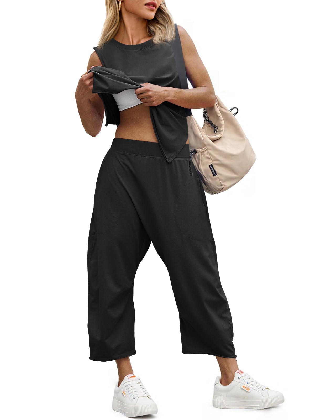 Fisoew Women's Summer 2 Piece Outfits Sleeveless Tank Tops and Wide Leg Pocketed Pants Workout Sweat Sets