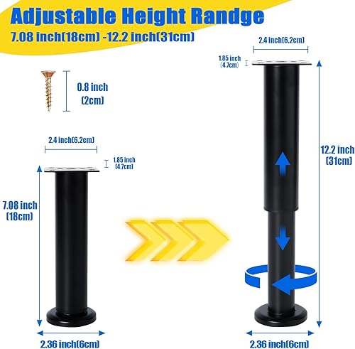 Miniatura 8 de Olldag 4 patas de soporte de muebles de altura ajustable con tornillos de 3.15 a 4.72 pulgadas, patas de repuesto de metal resistente para