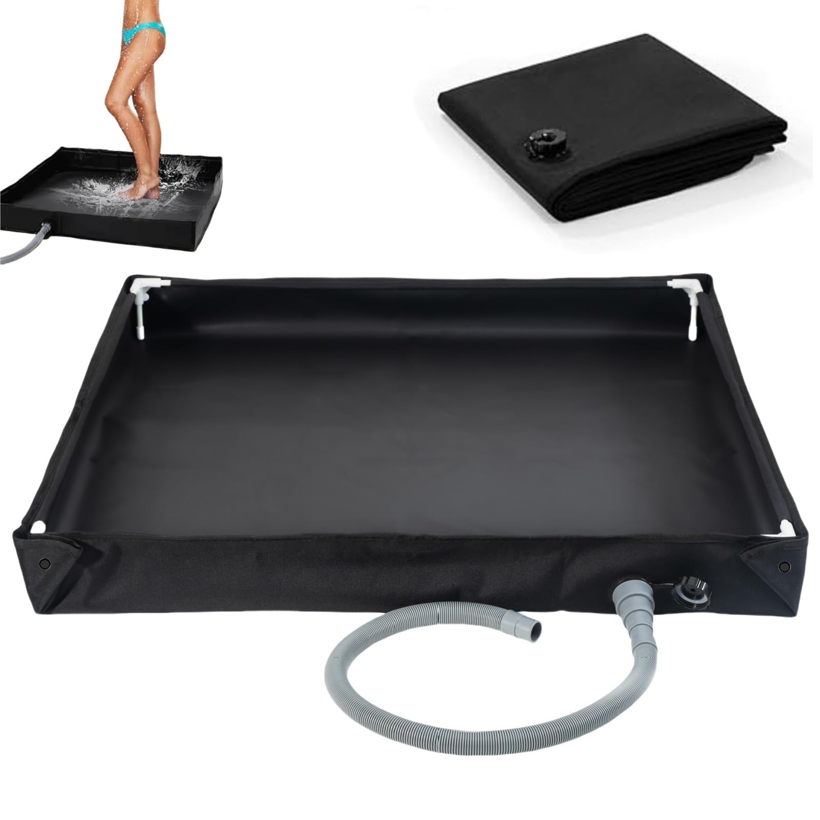 Base Doccia Pieghevole da Campeggio 80cm, Vassoio Portatile per Doccia Esterna con Tubo di Scarico Rapido | Base Bagno Pieghevole per Camper, Tenda, Piscina | Piatta Doccia per Esterno (nero)