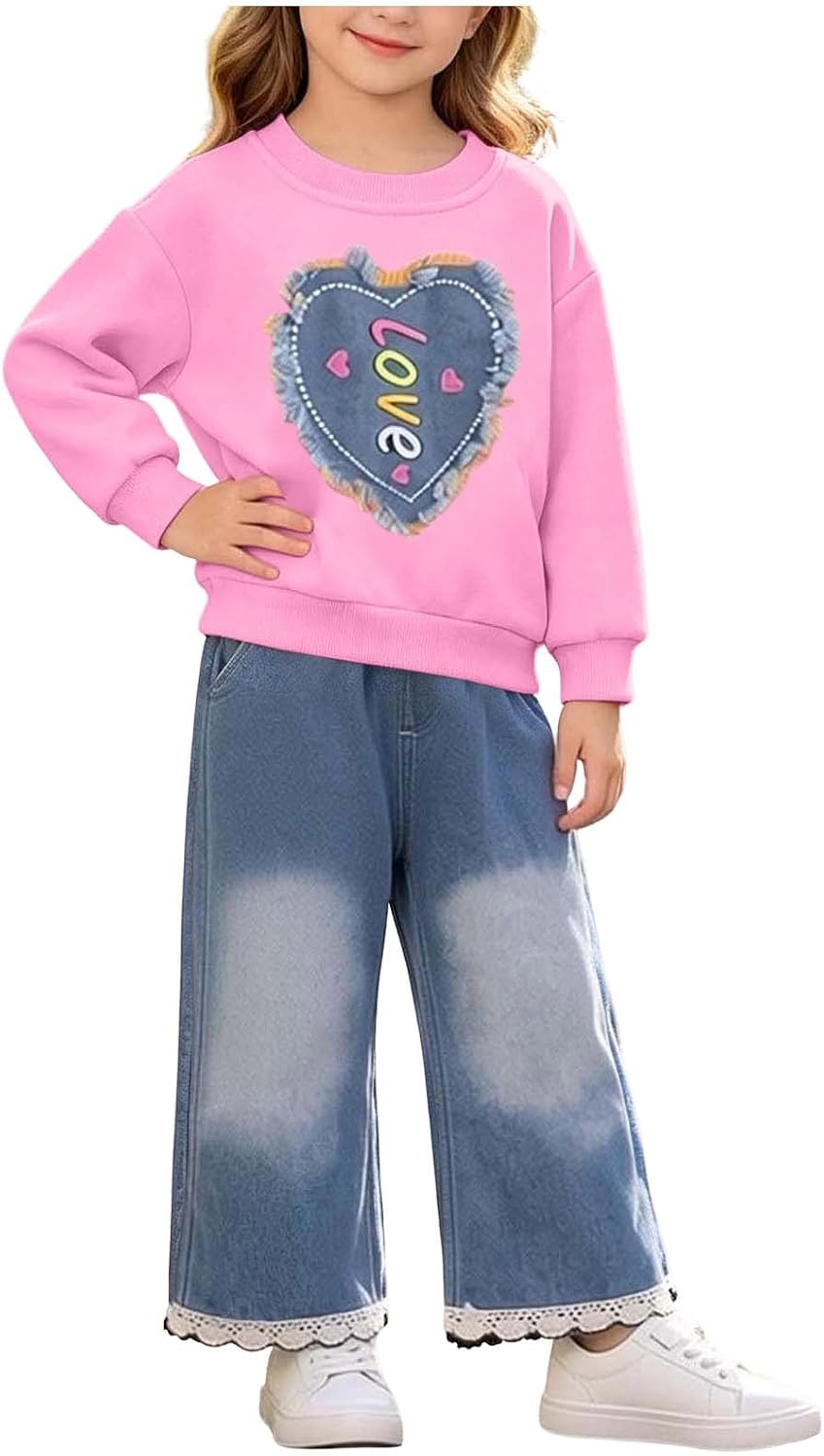 Girls Cute Denim Heart Sweatshirt and Wide Leg Jeans Set