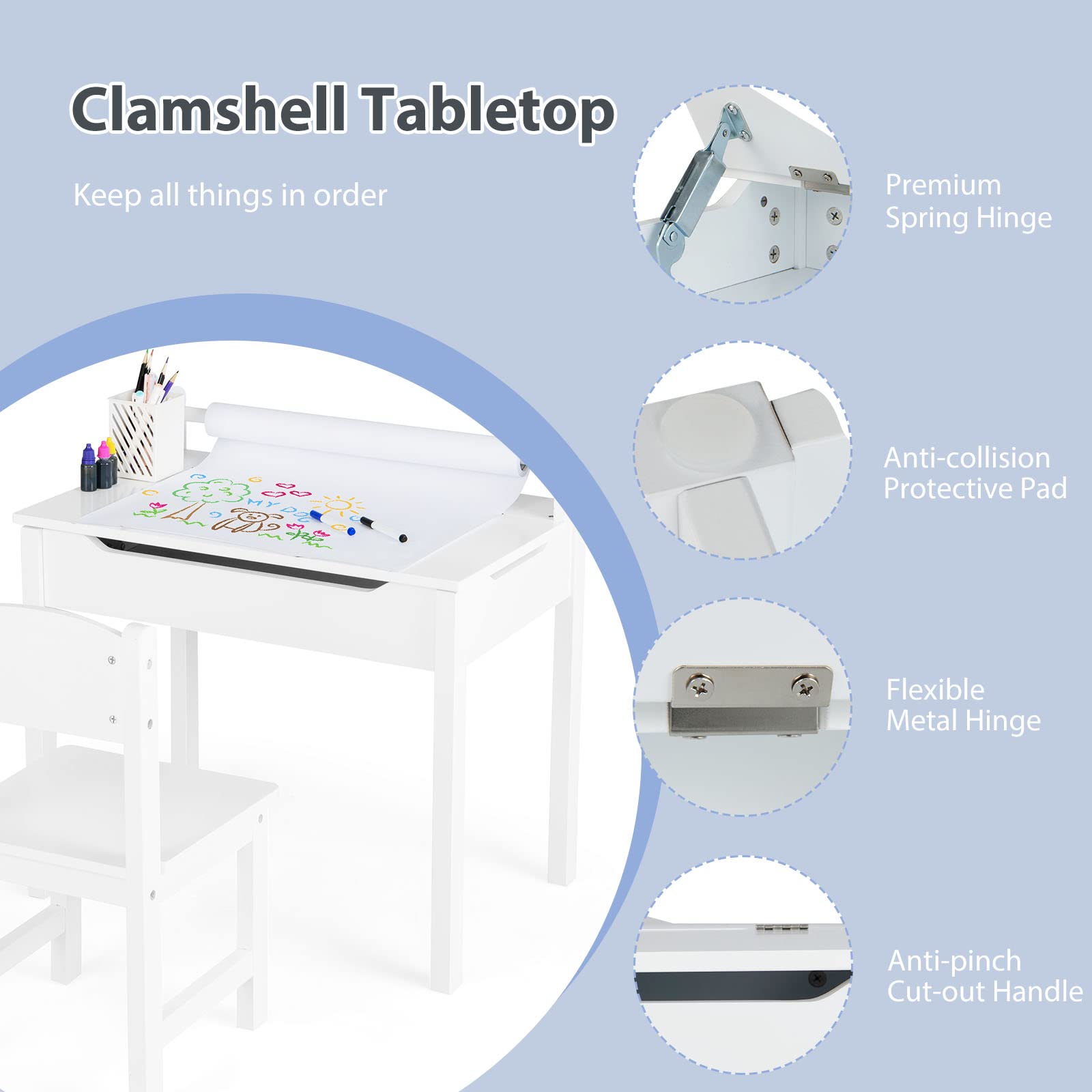 LIFEZEAL Tavolino e Sedia per Bambini 3+Anni, Gambe in Legno di Pino, Tavolino con Rotolo di Carta da DIsegno, Contenitore Nascosto, Piano Inclinabile, Sedia con Schienale, per Cameretta (Bianco)
