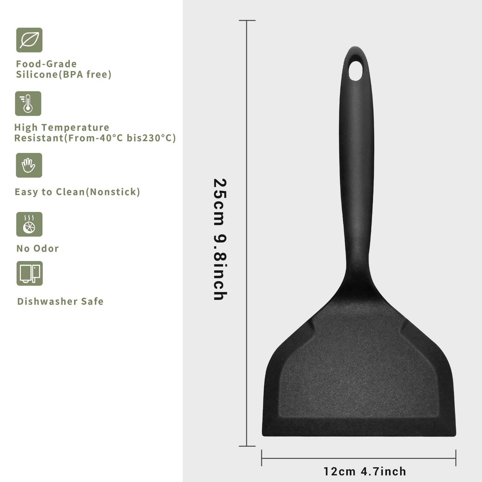 Dioycli Silicone Spatula Turner Wide pancake flipper, Non Stick Egg Flipper Spatula Bpa Free Tamagoyaki, Black, 2 Pieces for Cake Egg Pizza Steak Fish