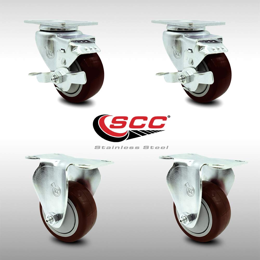 Stainless Steel Polyurethane Swivel Top Plate Caster Set of 4 w/3