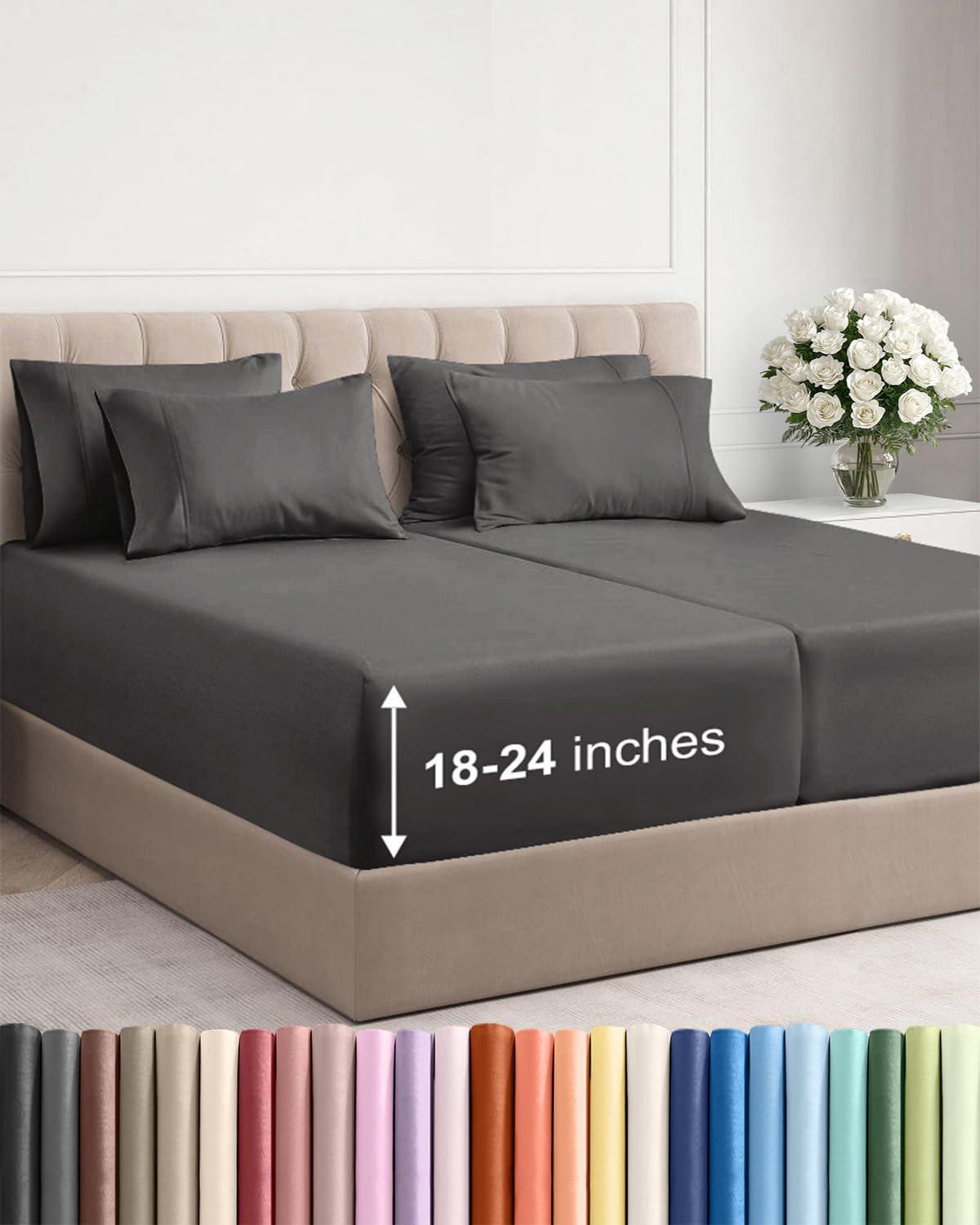 CGK Extra Deep Split King Sheet Set - 7pc Cooling Sheets - Charcoal