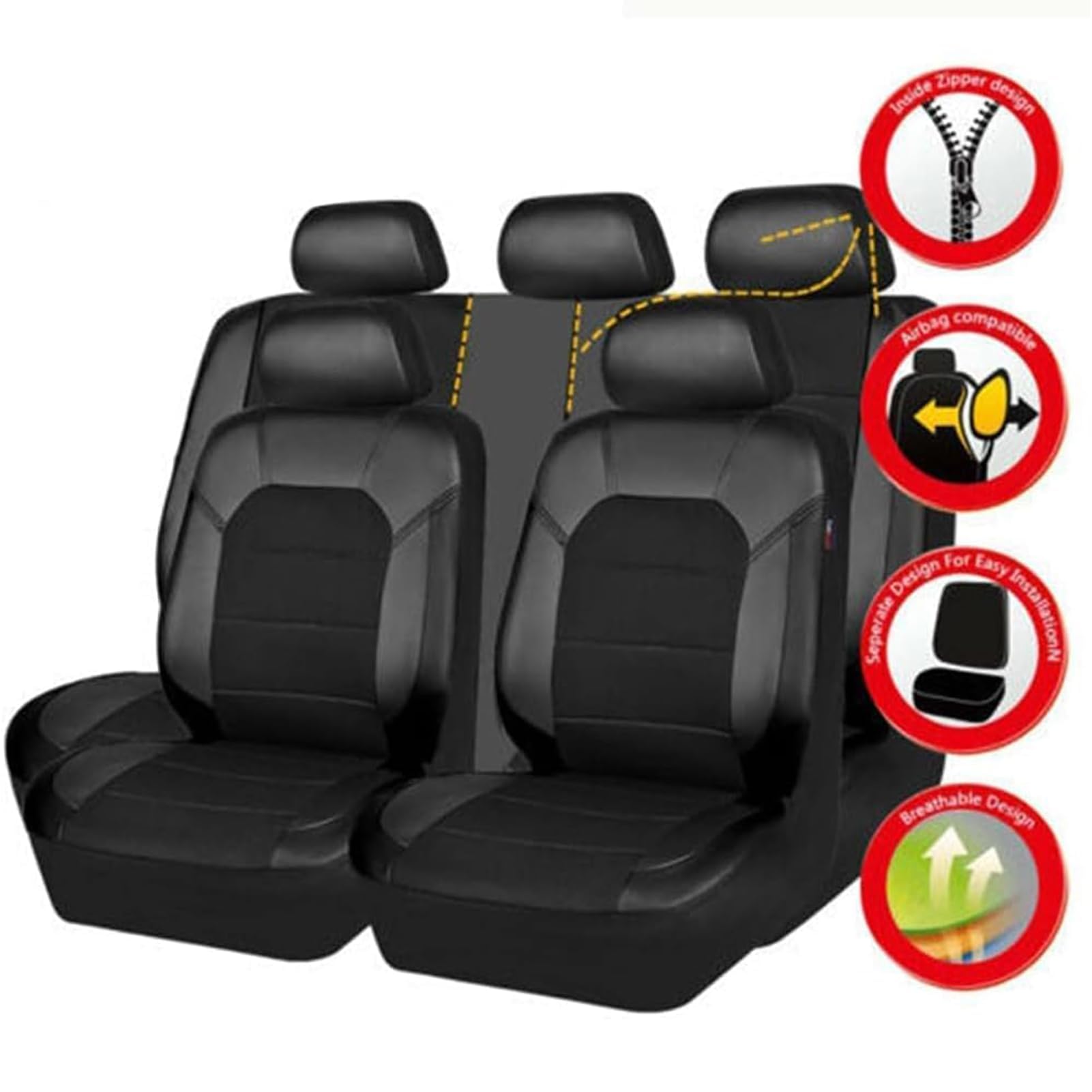 Housses de Siège Voiture pour Hyundai Kona Hybrid Electric SUV 2018-2026 | Ensemble Complet de Housses Siege Auto en Cuir PU Imperméable Antidérapant,Black
