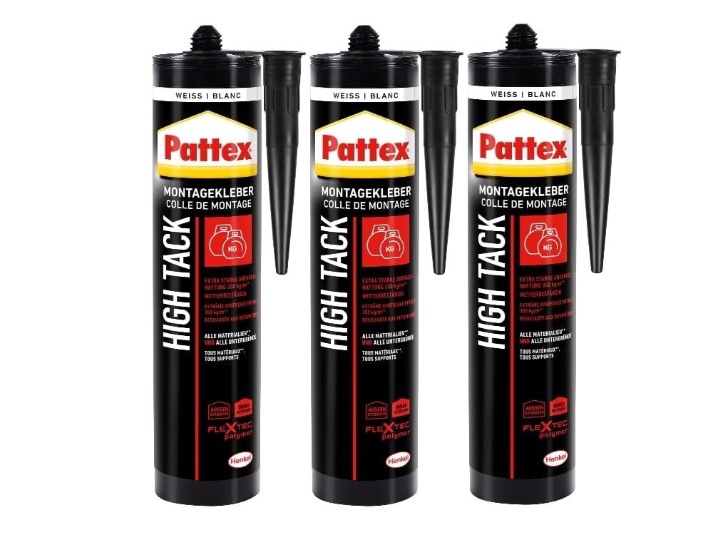 Pattex Montage High Tack, Montagekleber mit sehr starker Anfangshaftung, lösemittelfreier Baukleber für fast alle Materialien*, Klebstoff für innen und außen**, 3x511g Kartusche