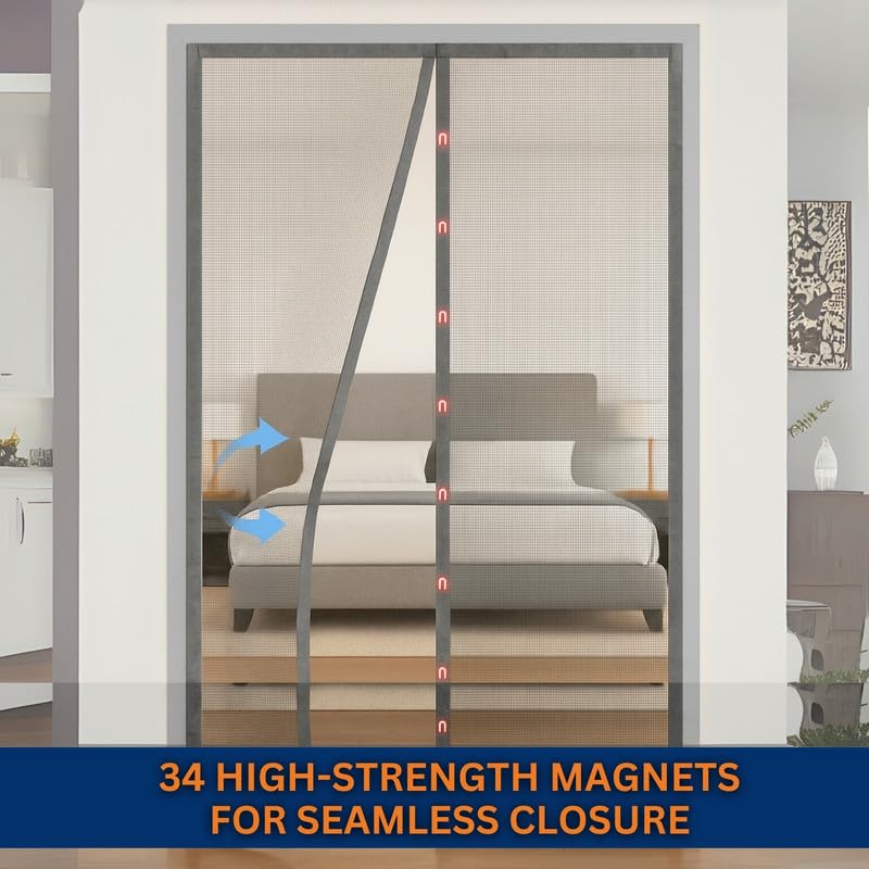 Image of Royalkart 105x210cm Grey | Magnetic Mosquito Net for Door | Fiberglass Screen Curtain with 34 Magnets | Auto-Closing Mesh to Keep Mosquitoes Out